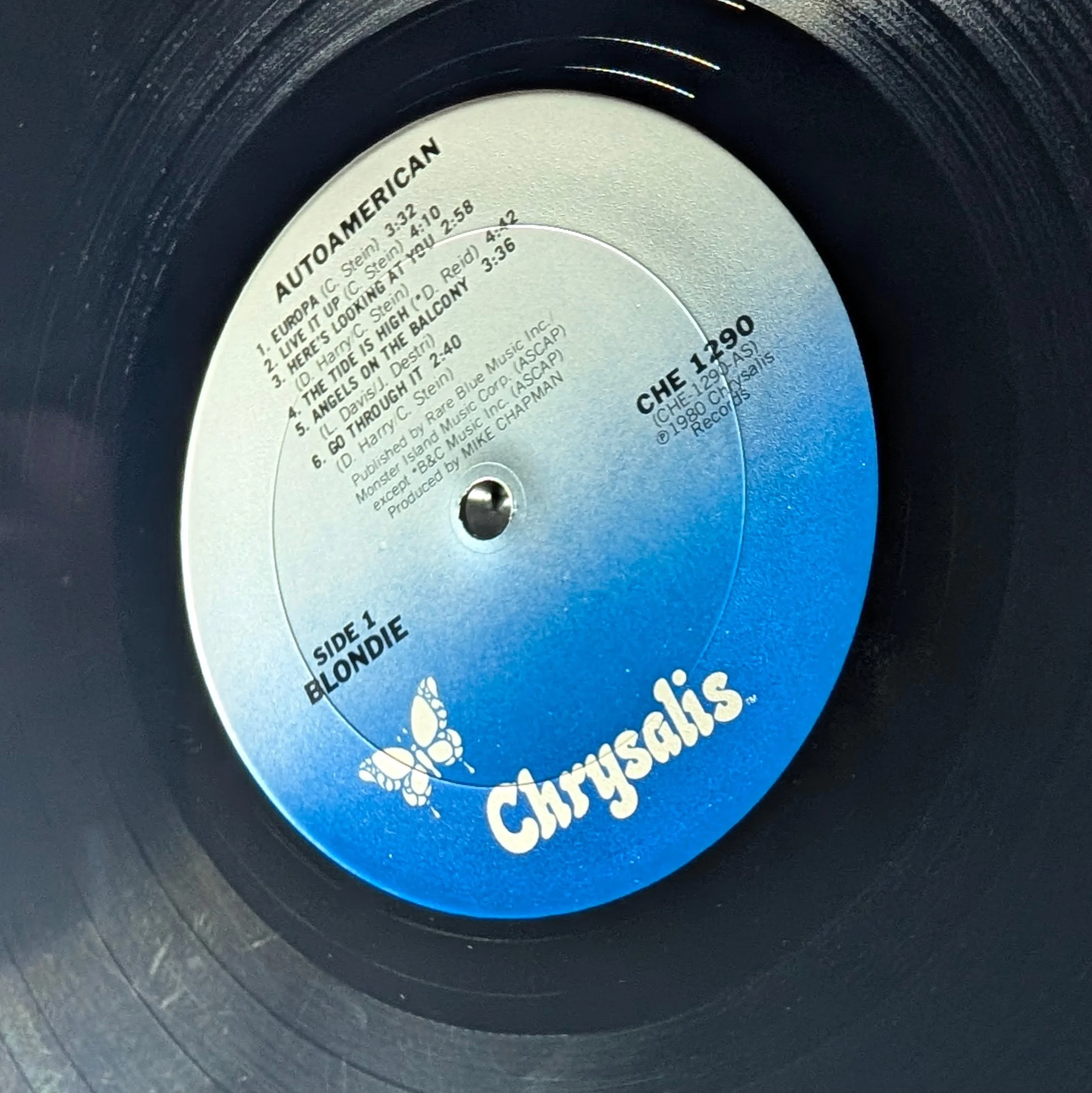 Blondie Autoamerican vinyl record album center label Chrysalis Records blue gradient butterfly design