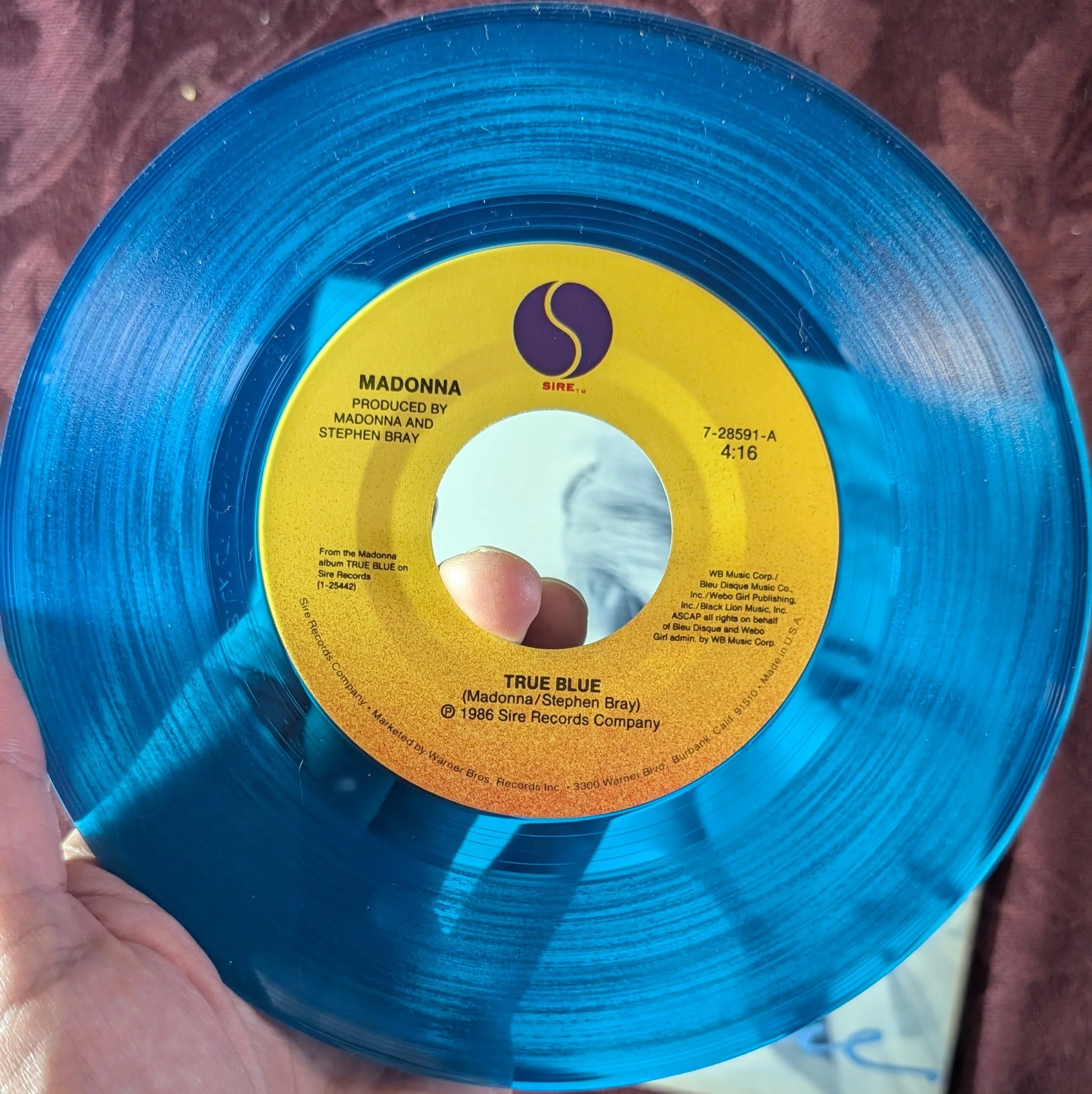 Madonna – True Blue (1986) 7" Translucent Blue Vinyl Single w/ Picture Sleeve