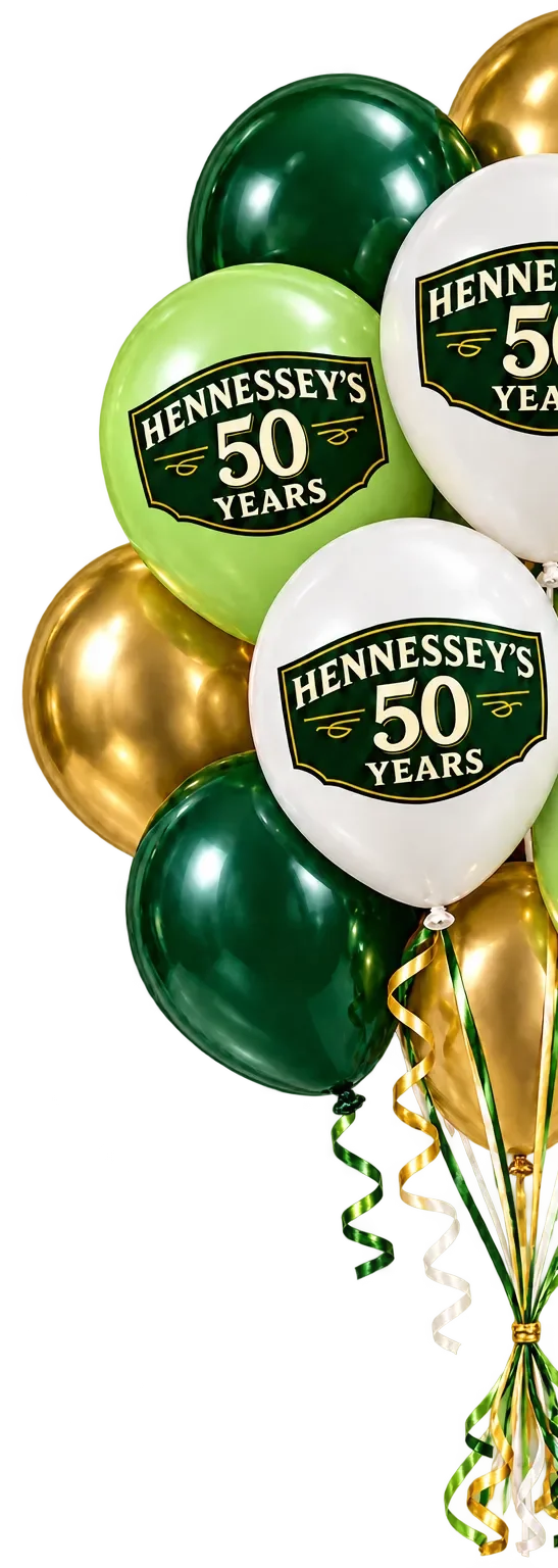 White, dark green, light green, and gold balloons with Hennessey’s “50 Years” logos and curling ribbons.