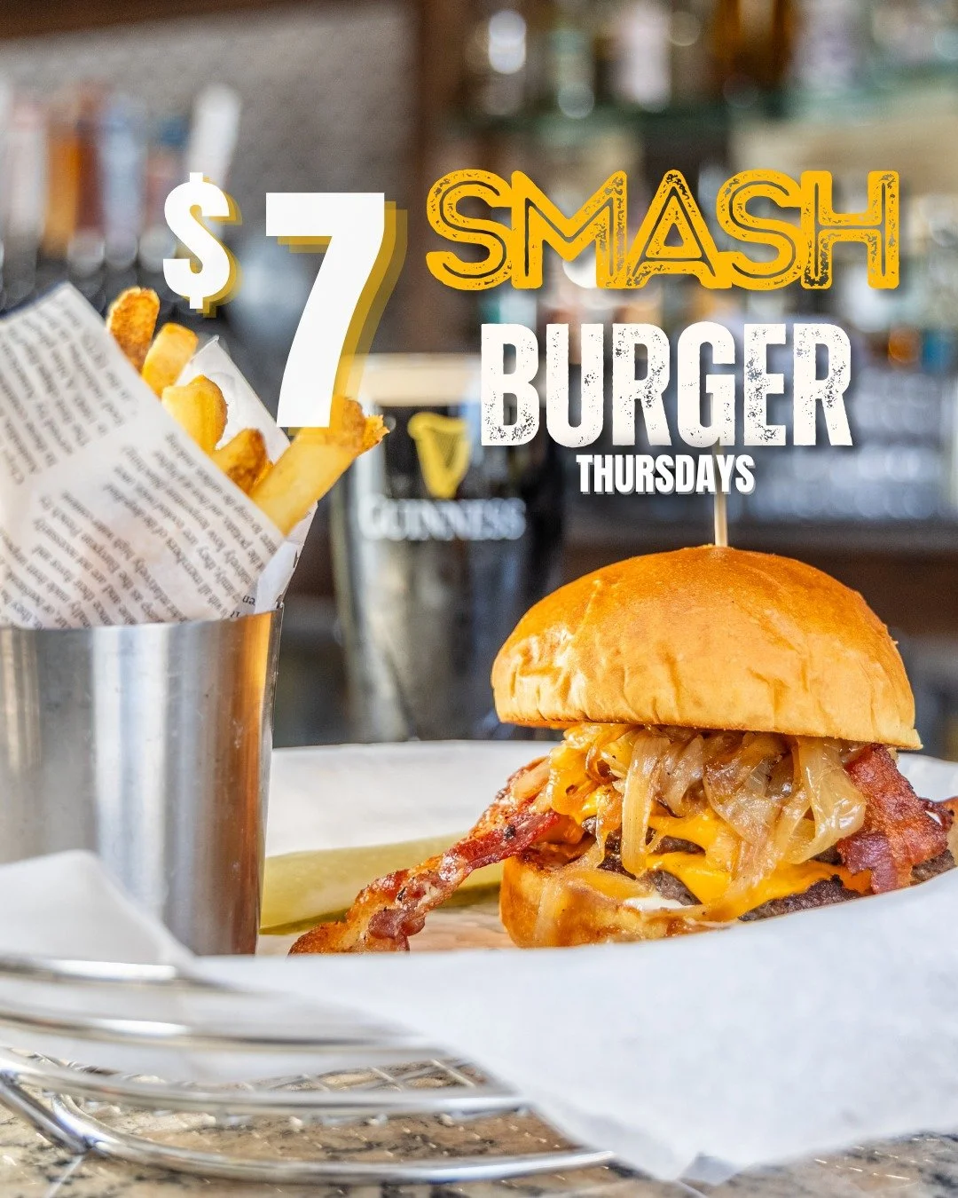 🍔🥓 SMASH Burger Thursdays at Hennessey's! 

Treat yourself to our Smash Burger - crispy bacon, grilled onions, melted cheese, and our signature bacon aioli, with a side of fries. 

Available every Thursday, all day &amp; night - FOR JUST $7! *Only 