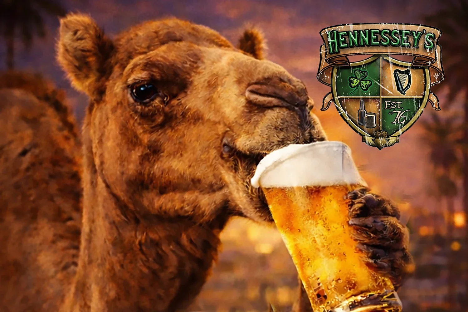 Hennessey’s Hump Day happy hour graphic featuring a camel holding a glass of beer with foam, set against a warm desert background with Hennessey’s logo.