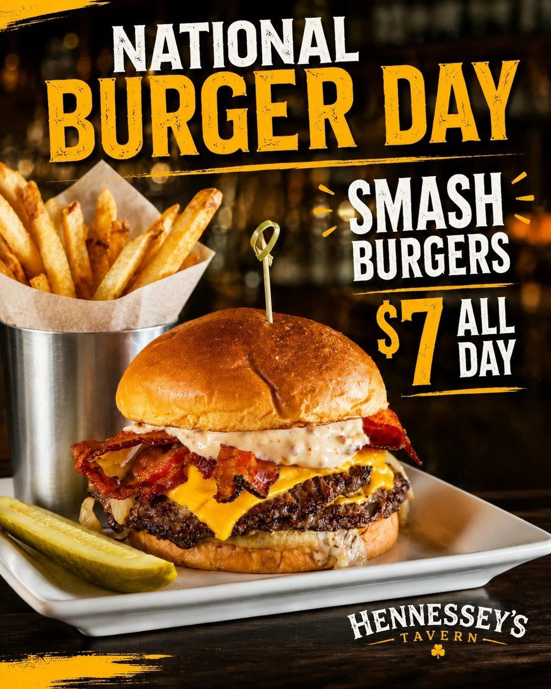 ✨🍔 National Burger Day Today, Thursday, May 28th

Get our Smash Burger 🍔🥓 for just $7 all day! ✨☘️

Crispy bacon, grilled onions, melted cheese, and bacon aioli, served with a side of fries.

#HennesseysTavern #IrishBar #IrishPub #50thAnniversary 