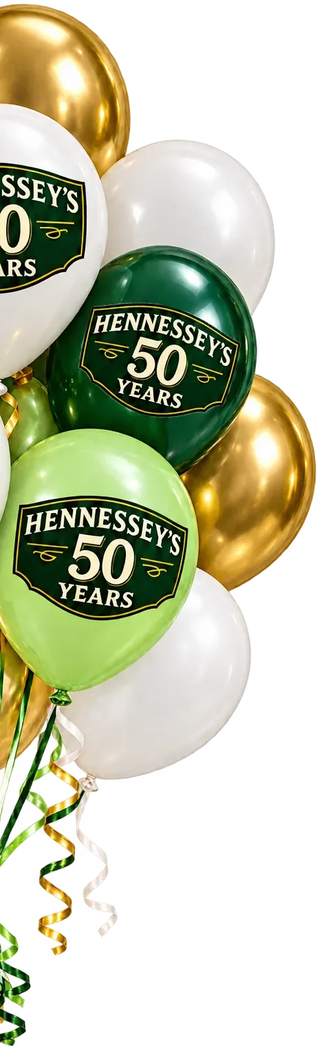 White, dark green, light green, and gold balloons with Hennessey’s “50 Years” logos and curling ribbons.