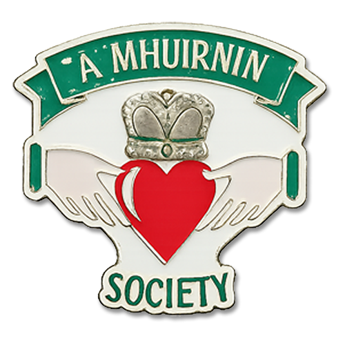 Pin with illustrated logo for Hennessey’s Tavern A Mhuirnin Society showing two hands holding a red heart topped with a gold crown, with a green banner reading “A Mhuirnin” and the word “Society” below.