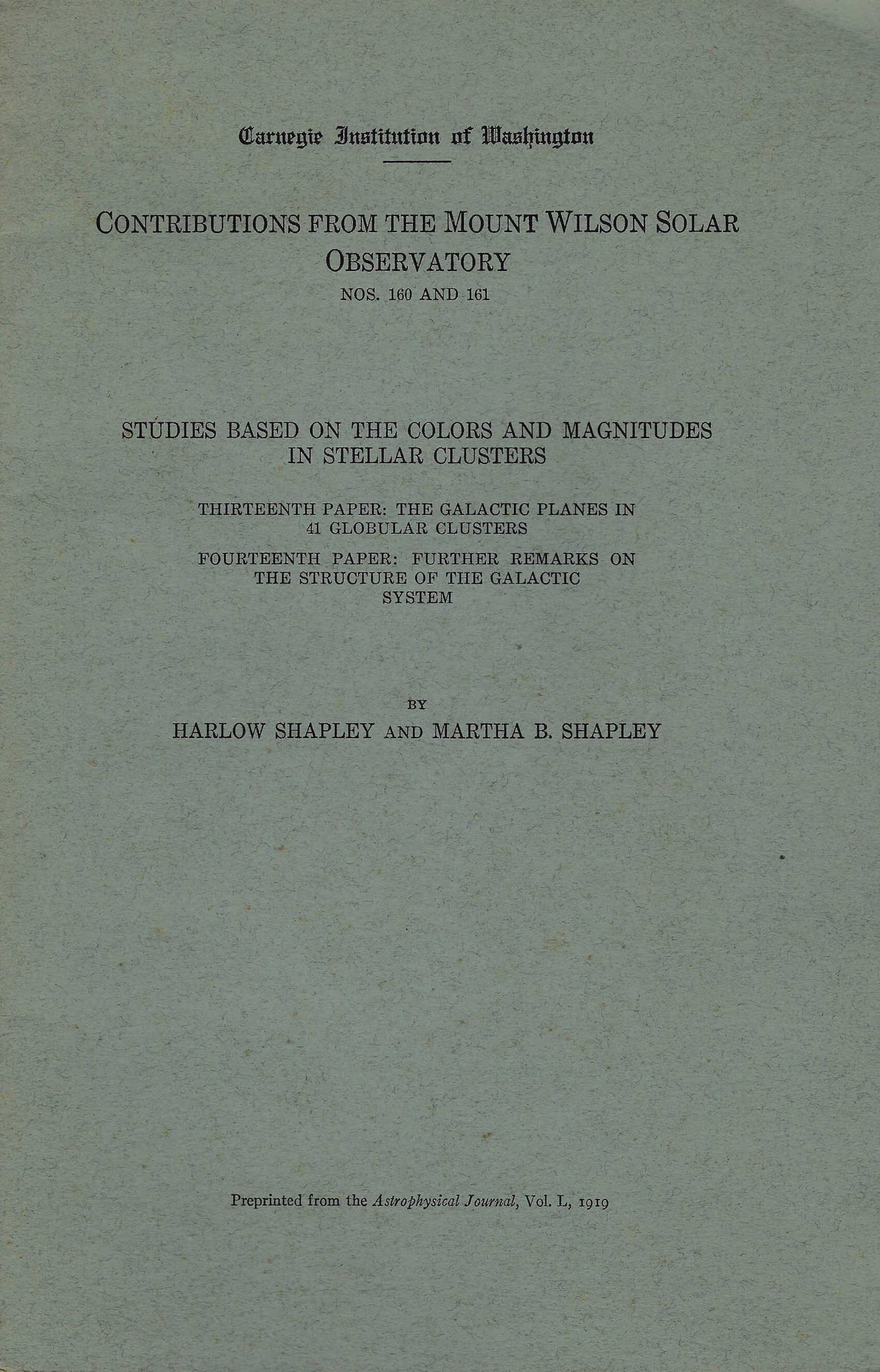 Harlow and Martha B. Shapley paper, 1919.