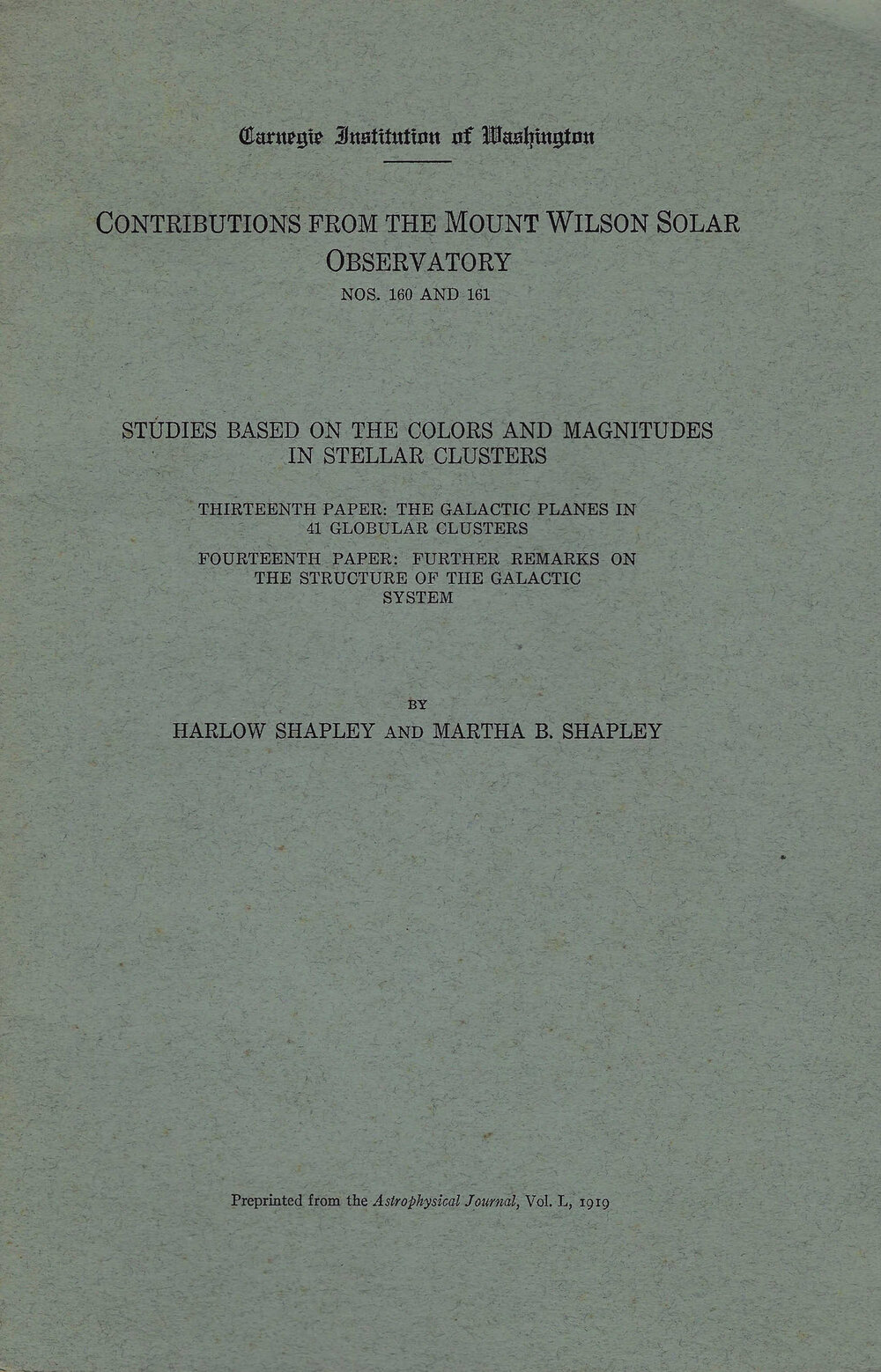 Harlow and Martha B. Shapley paper, 1919.