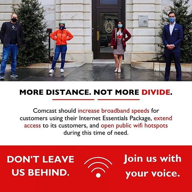 #SocialDistancing shouldn&rsquo;t increase the #DigitalDivide and #Comcast can help. We&rsquo;ve asked @xfinity @comcast to increase #BroadBandSpeeds for #InternetEssentials customers, extend access to the IE program, and open #PublicWifiHotspots thr