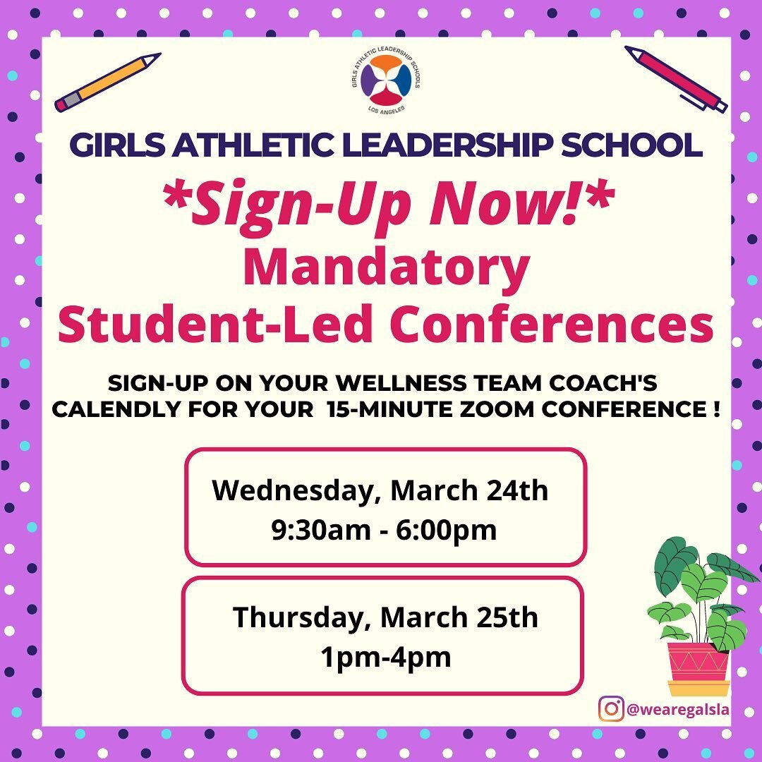 Hi families! If you haven't already, please book your Student-Led Conference virtual appointment for next week! Sign up for an appointment on your Wellness Team Coach's Calendly link. 
----------
&iexcl;Hola familias! Si a&uacute;n no lo ha hecho, &i