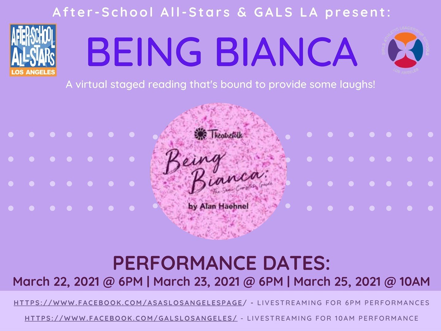 We are so excited for our amazing Drama Club to perform their virtual staged reading of &quot;Being Bianca&quot; next week! We'll be streaming the performance live on Facebook - mark your calendars!! 

Facebook Live Streaming:
&bull; March 22nd &amp;