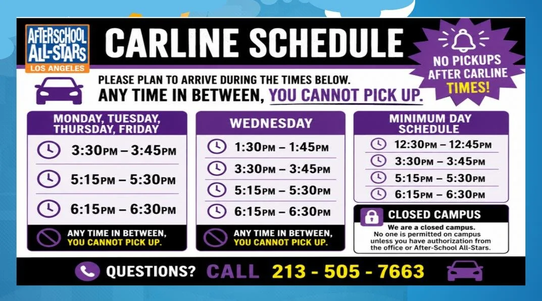 Today is Wednesday. What time is dismissal? 1:30pm 
What time should I arrive to campus? 1:25pm
Please do not block driveways