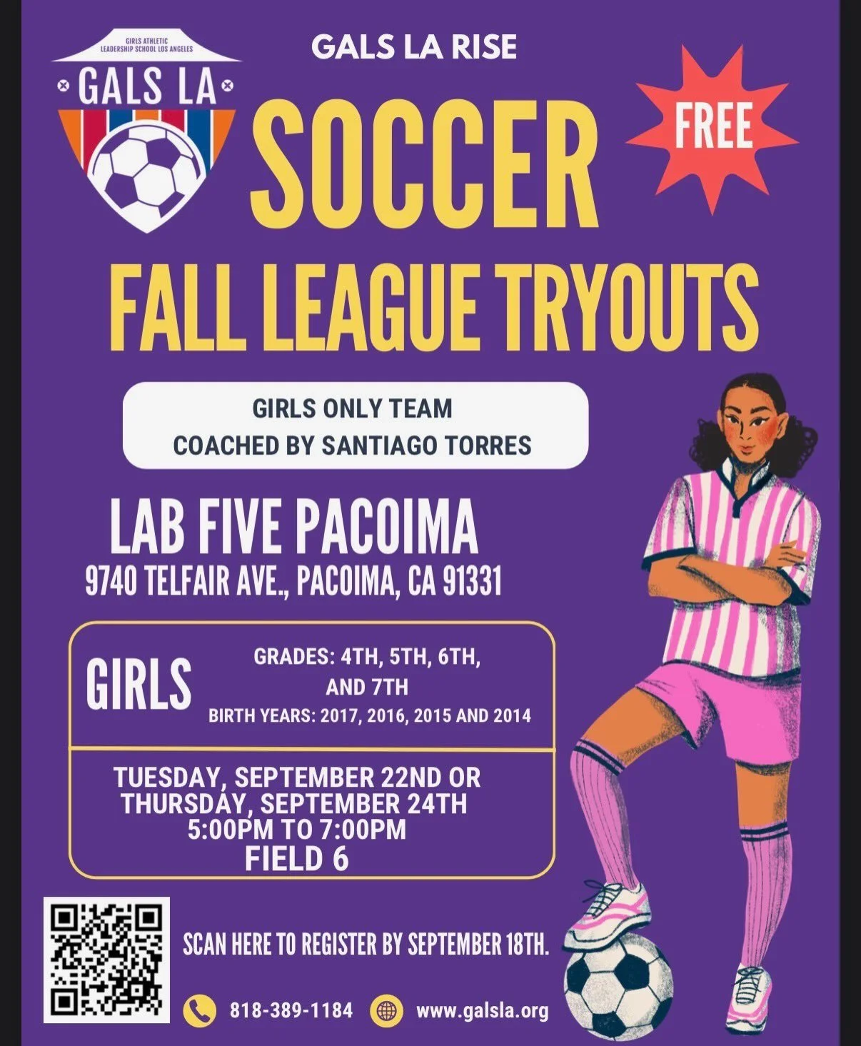 Join us for our league city soccer tryouts at Lab 5 next Tuesday 9/22 and Thursday 9/24 from 5p-7p! Use the QR code attached to RSVP ⚽️