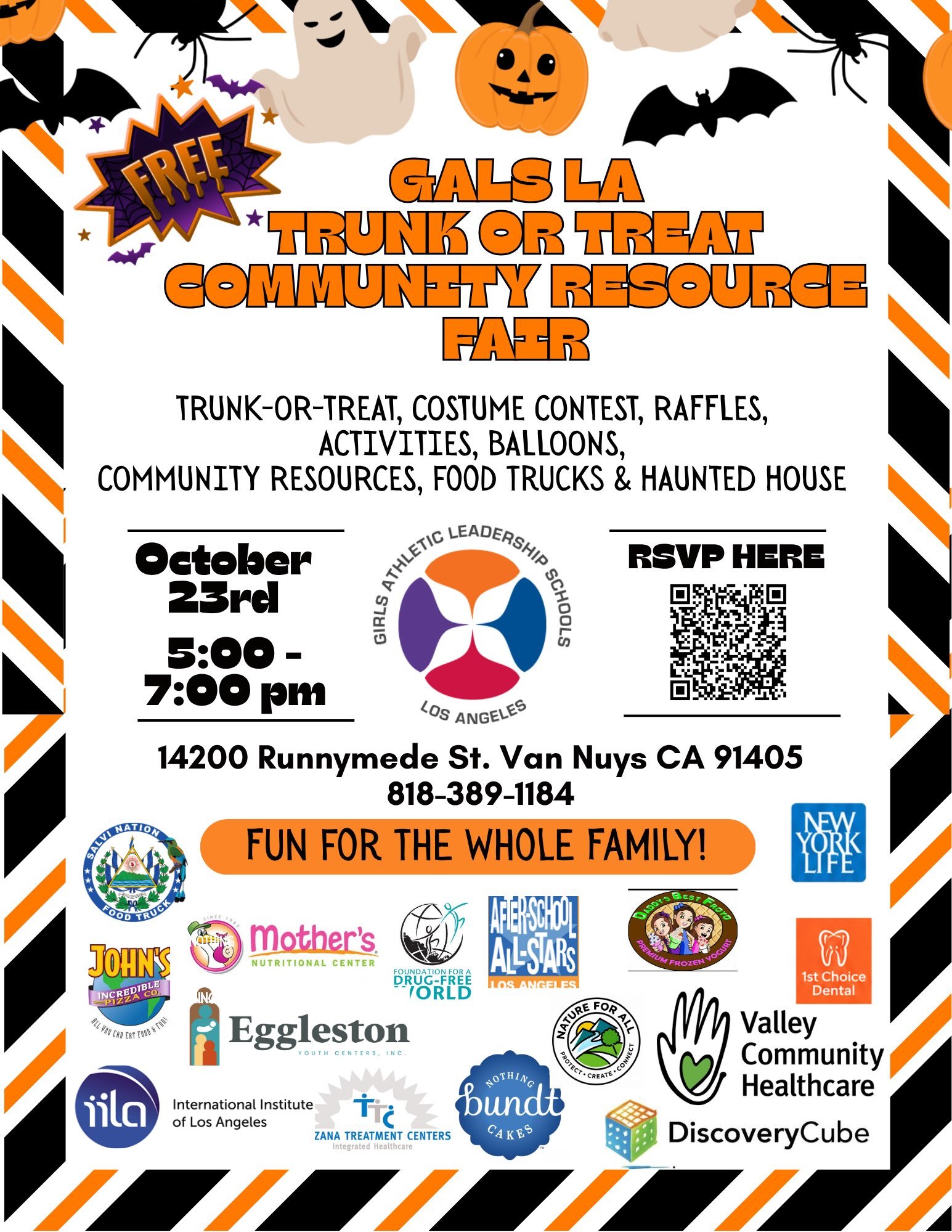Join us on campus on October 23rd for our community trunk or treat welcome to all 🎃🧡
We have partners with many community resource organizations and have invited food vendors to participate. 
Be sure to RSVP with the QR code attached! 📲
#trunkortr