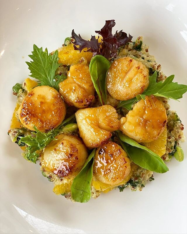 Miso Scallops with quinoa, edamame, kale &amp; orange supremes