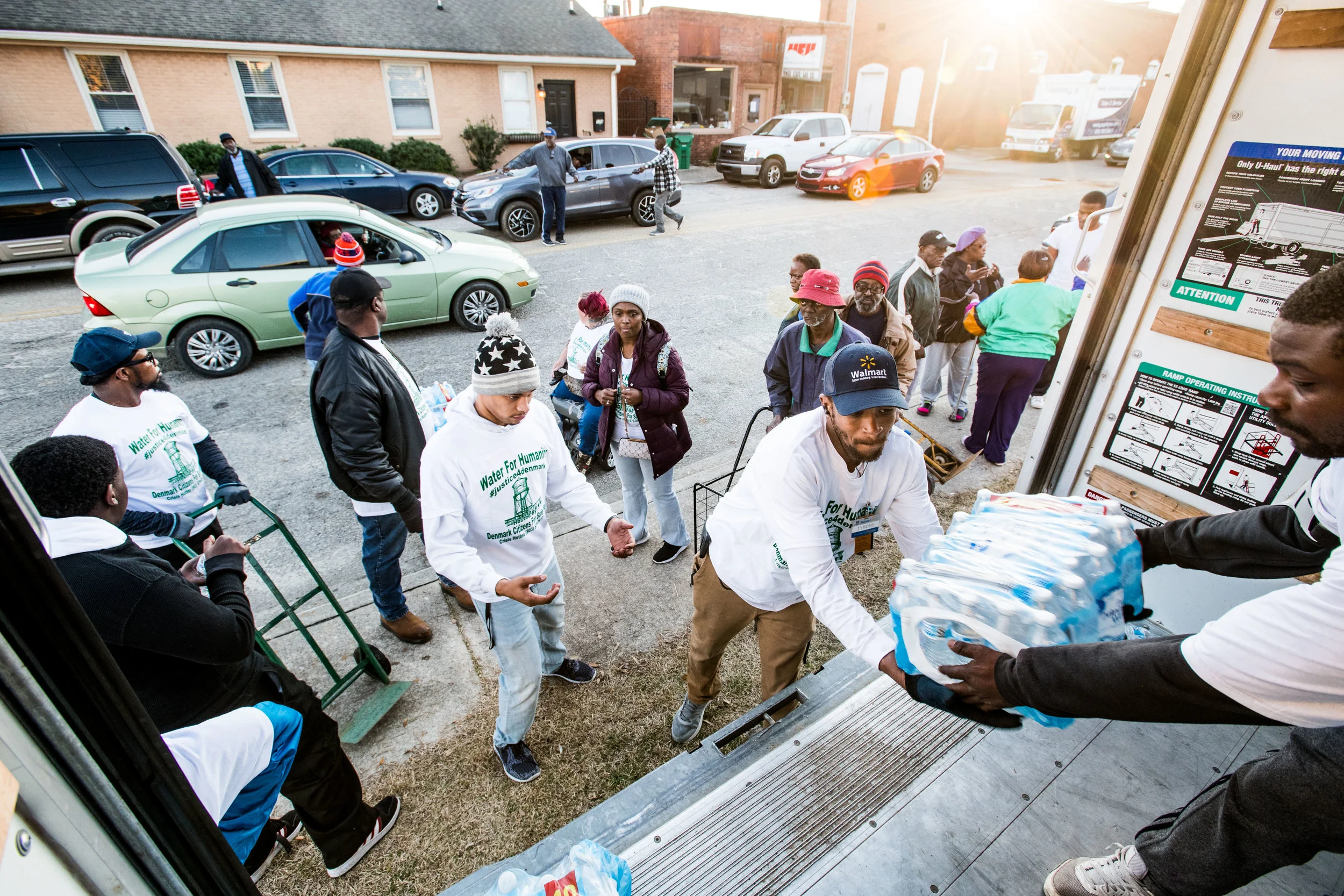 People distrubute water in Denmark, SC.