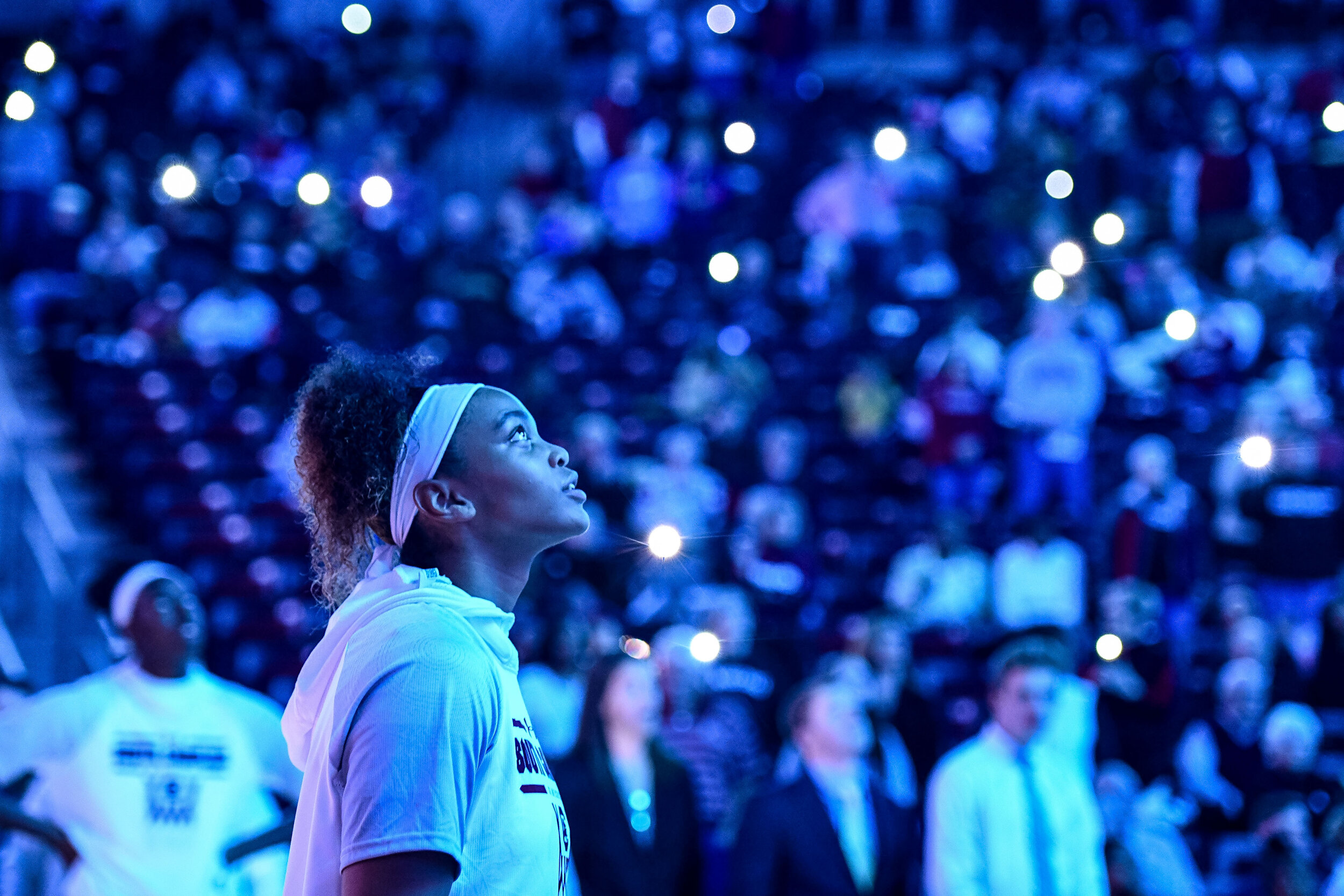 South Carolina guard LeLe Grissett watches the video screen during player introductions before an NCAA college basketball game against South Carolina Thursday, Dec. 19, 2019, in Columbia, S.C. South Carolina defeated Duke 89-46. (AP Photo/Sean Rayfo…