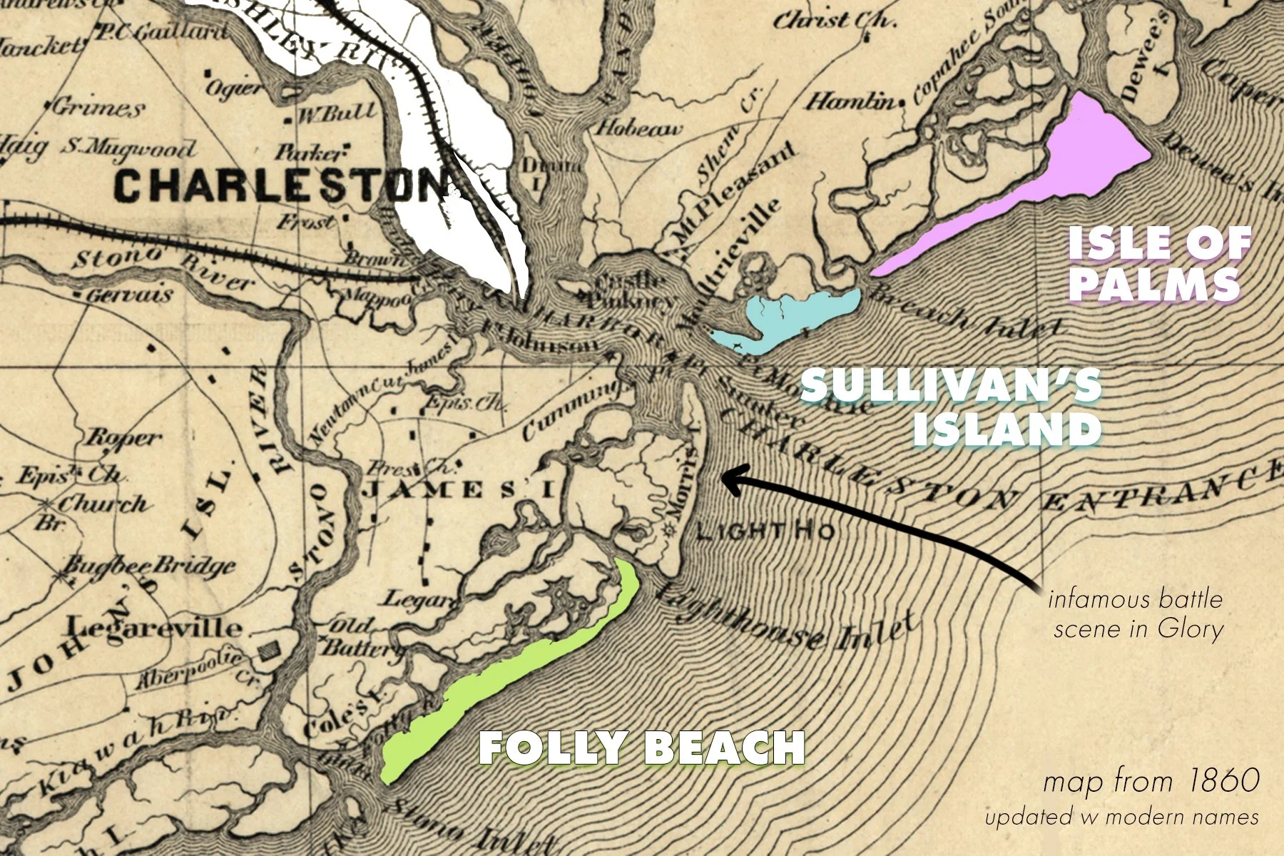 Map of South Carolina coast showing Charleston, Folly Beach, Sullivan's Island and Isle of Palms