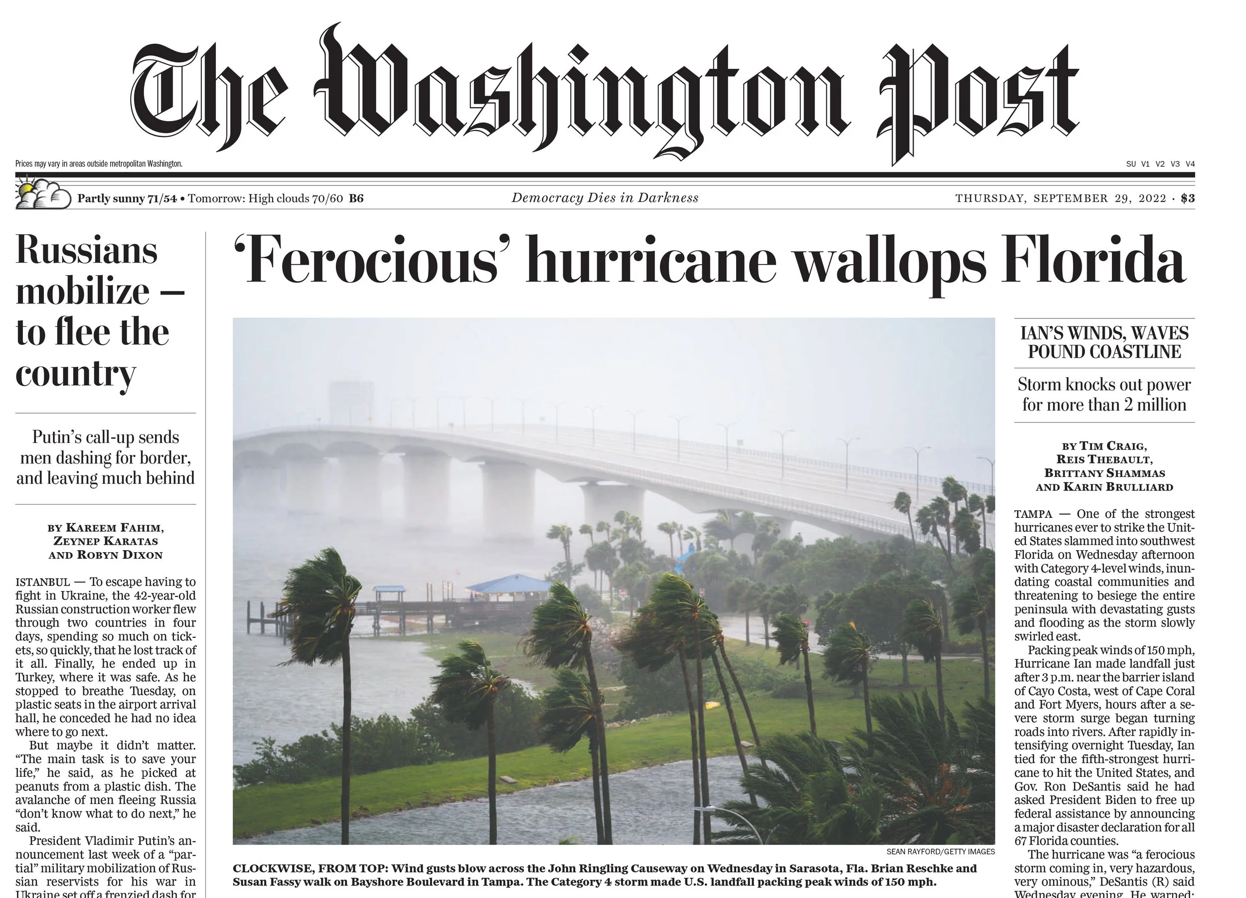 washington post front page with hurricane lead photo