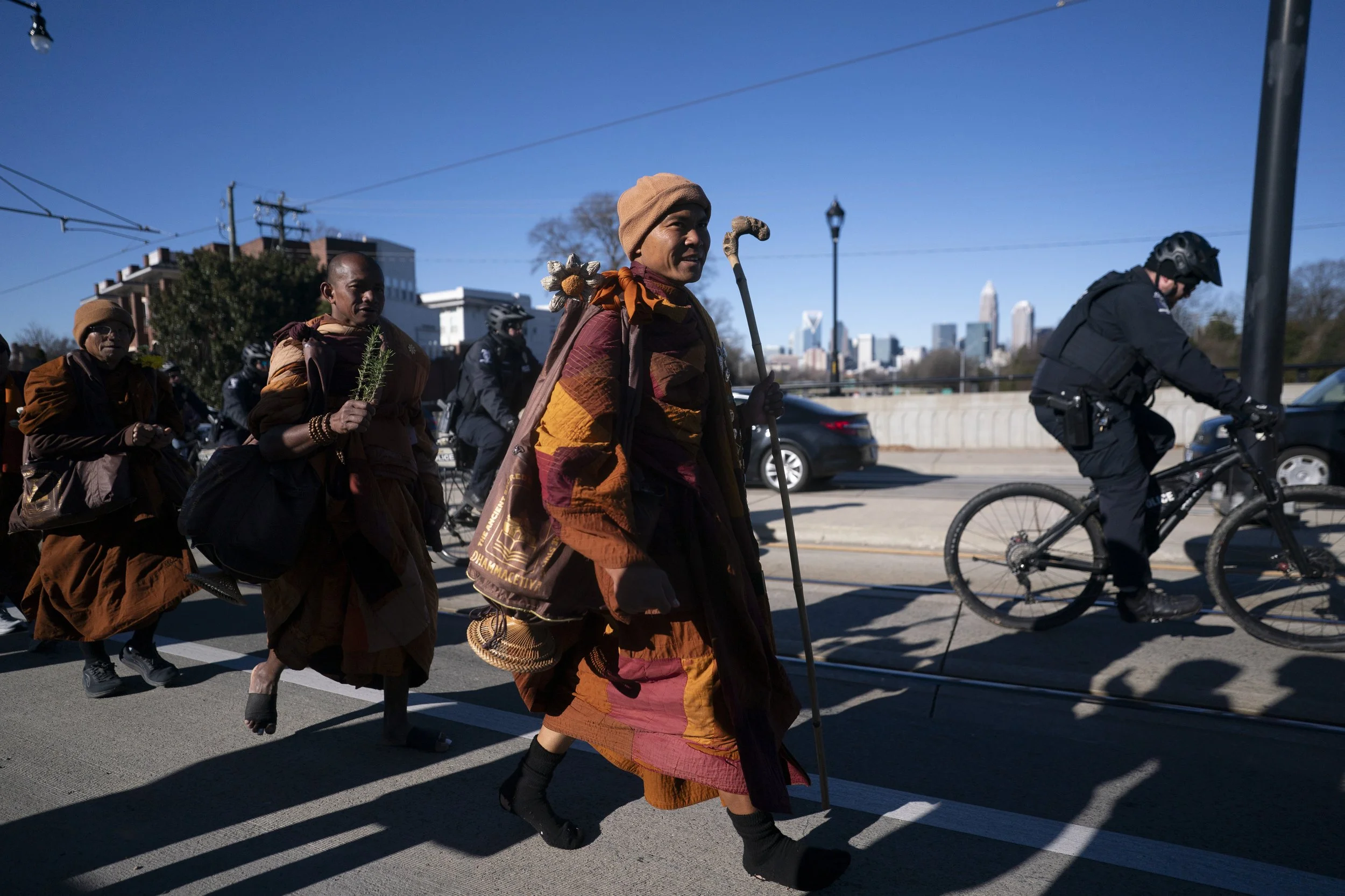 Buddhist monks continue their Walk for Peace on January 15, 2026 in Charlotte, North Carolina.