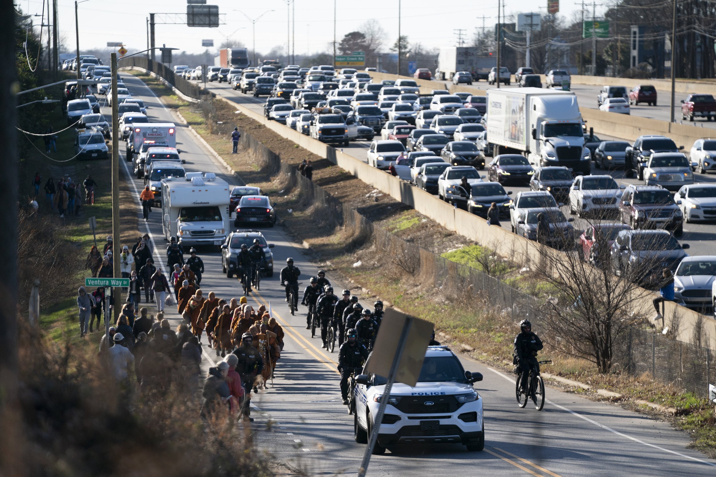 Buddhist monks continue their Walk for Peace on January 15, 2026 in Charlotte, North Carolina.
