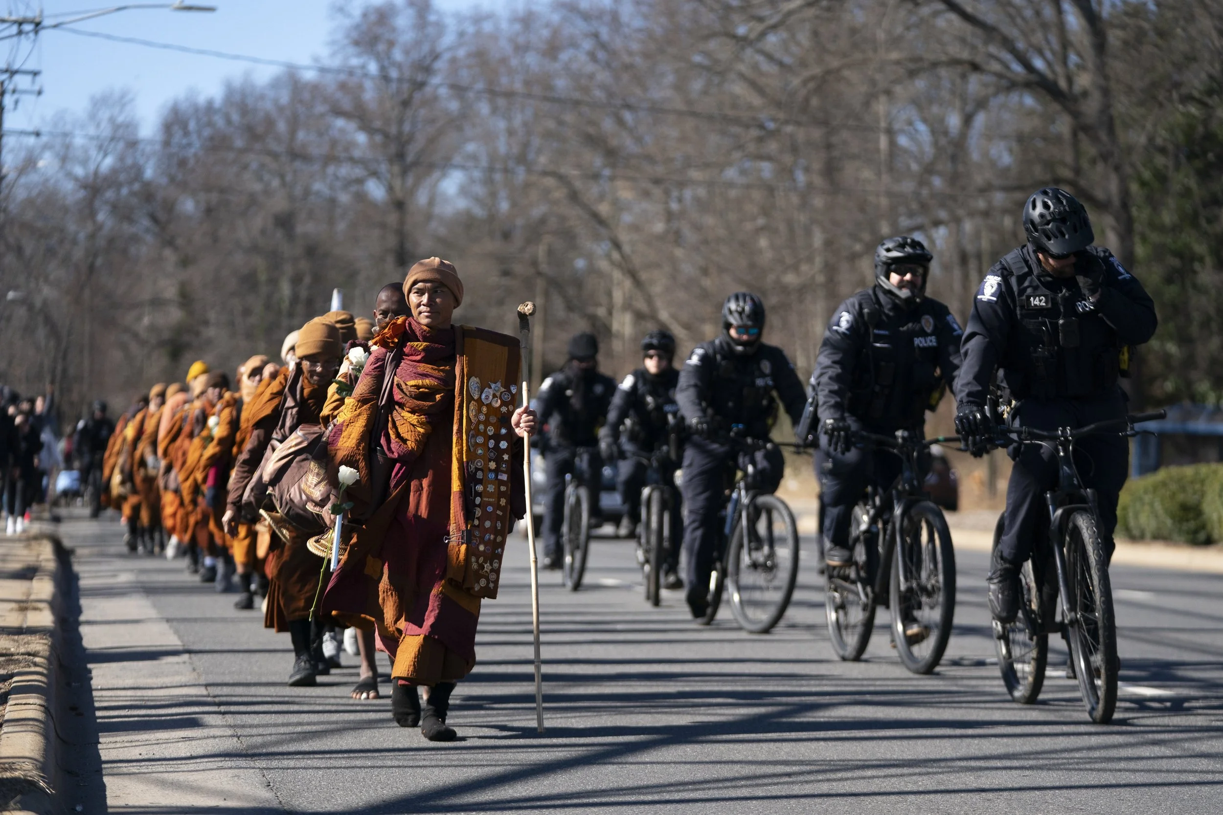 Buddhist monks continue their Walk for Peace on January 15, 2026 in Charlotte, North Carolina.