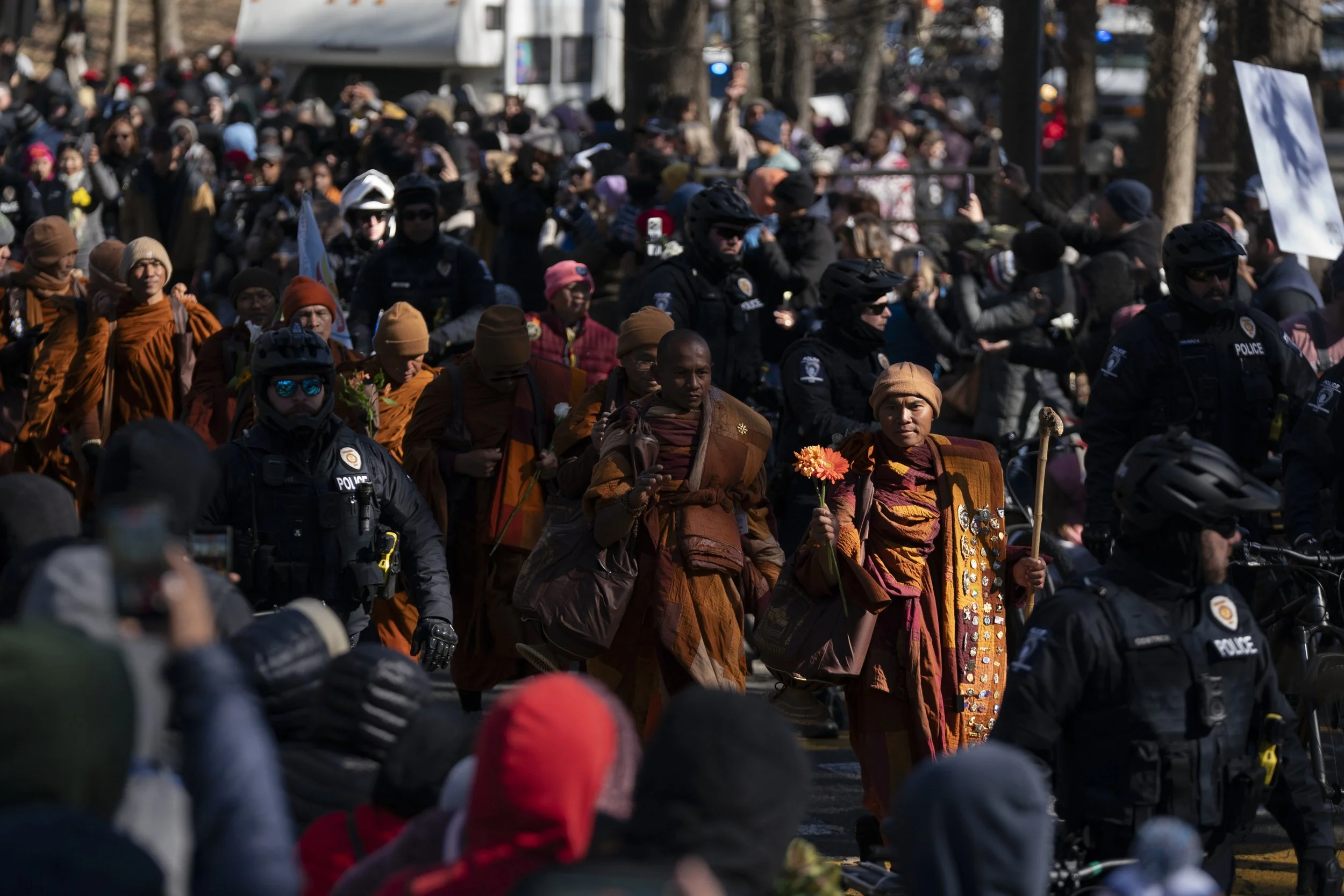 Buddhist monks continue their Walk for Peace on January 15, 2026 in Charlotte, North Carolina.