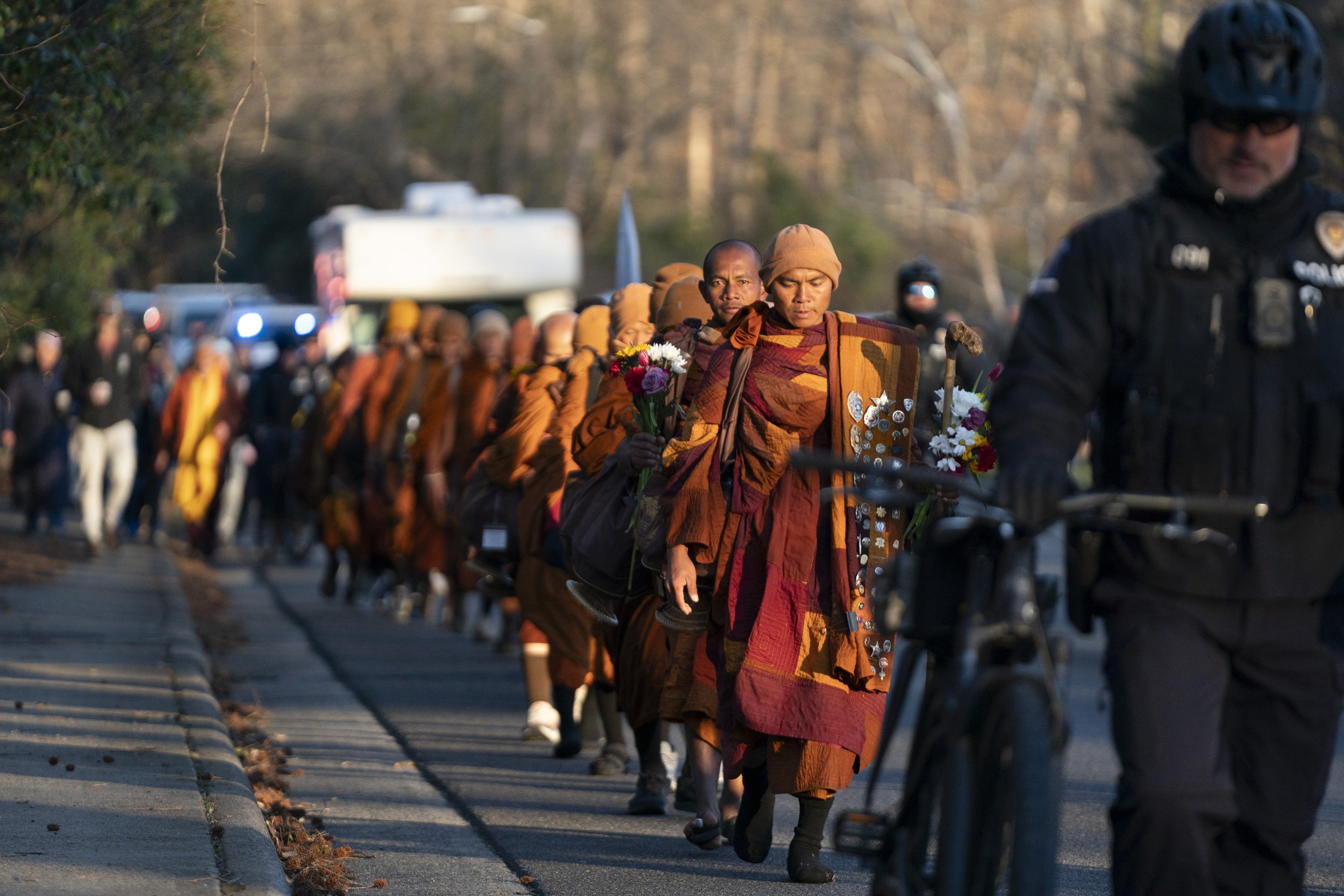 Buddhist monks continue their Walk for Peace on January 15, 2026 in Charlotte, North Carolina.