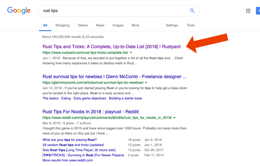 One of the top keywords for Rustyard.com (video results removed)