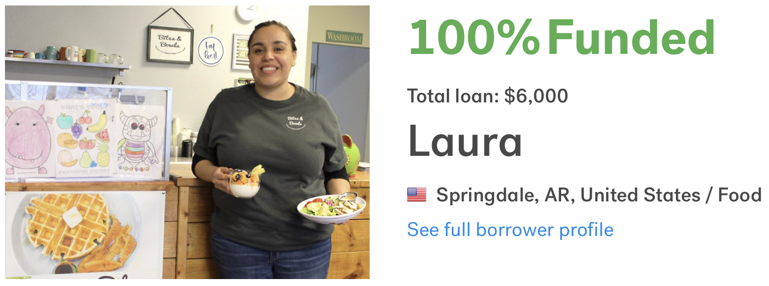 Laura, of Bites &amp; Bowls in Springdale, was the first Kiva NWA borrower launched. She was fully funded in less than a day.