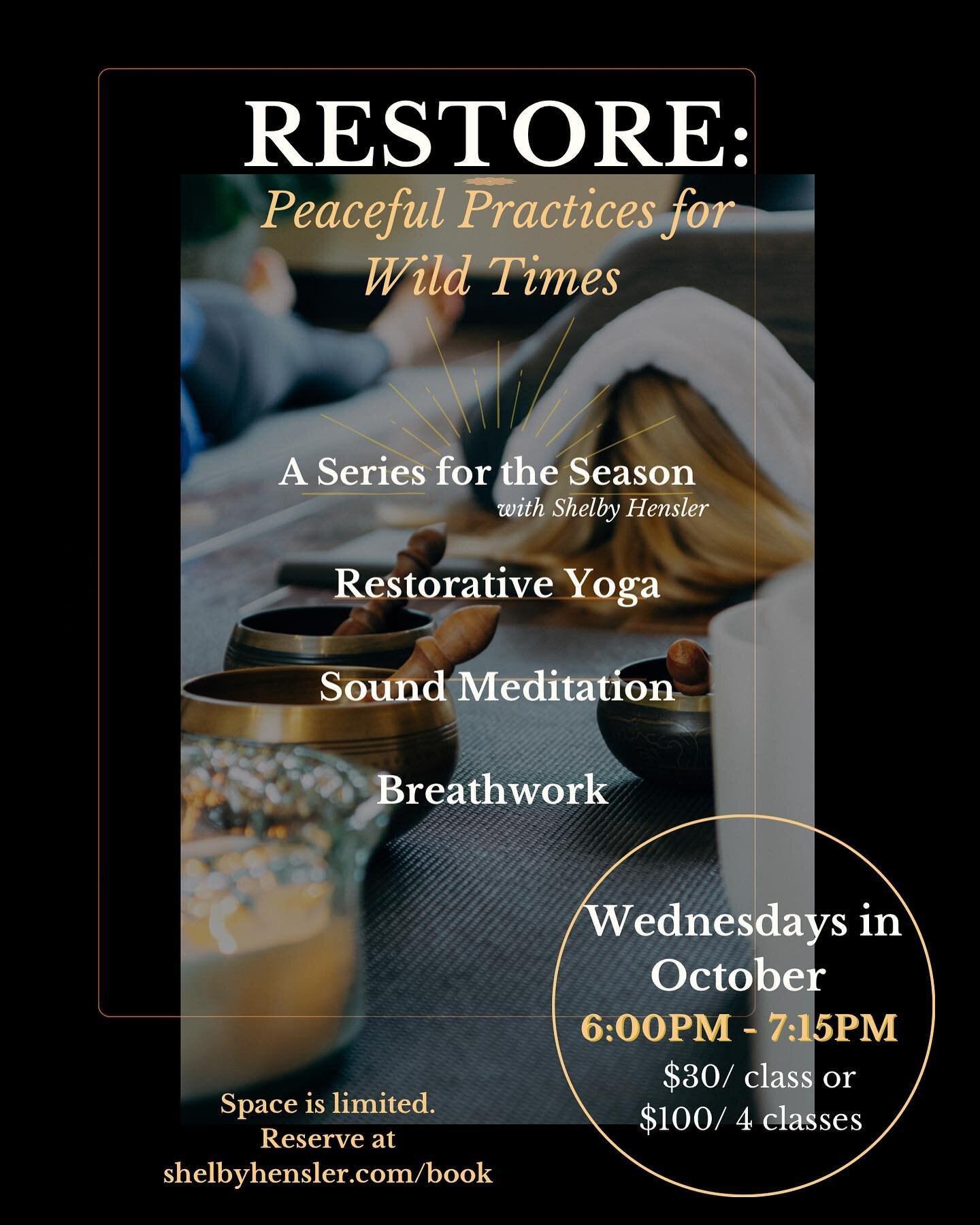 Wednesdays in October are sure gonna be cozy! 🥰 Join us by candlelight for Restorative Yoga, Sound Meditation, and Breathwork every Wednesday at 6pm. 

With the wildness of life, these evenings will be sweet relief and rest for your nervous system! 