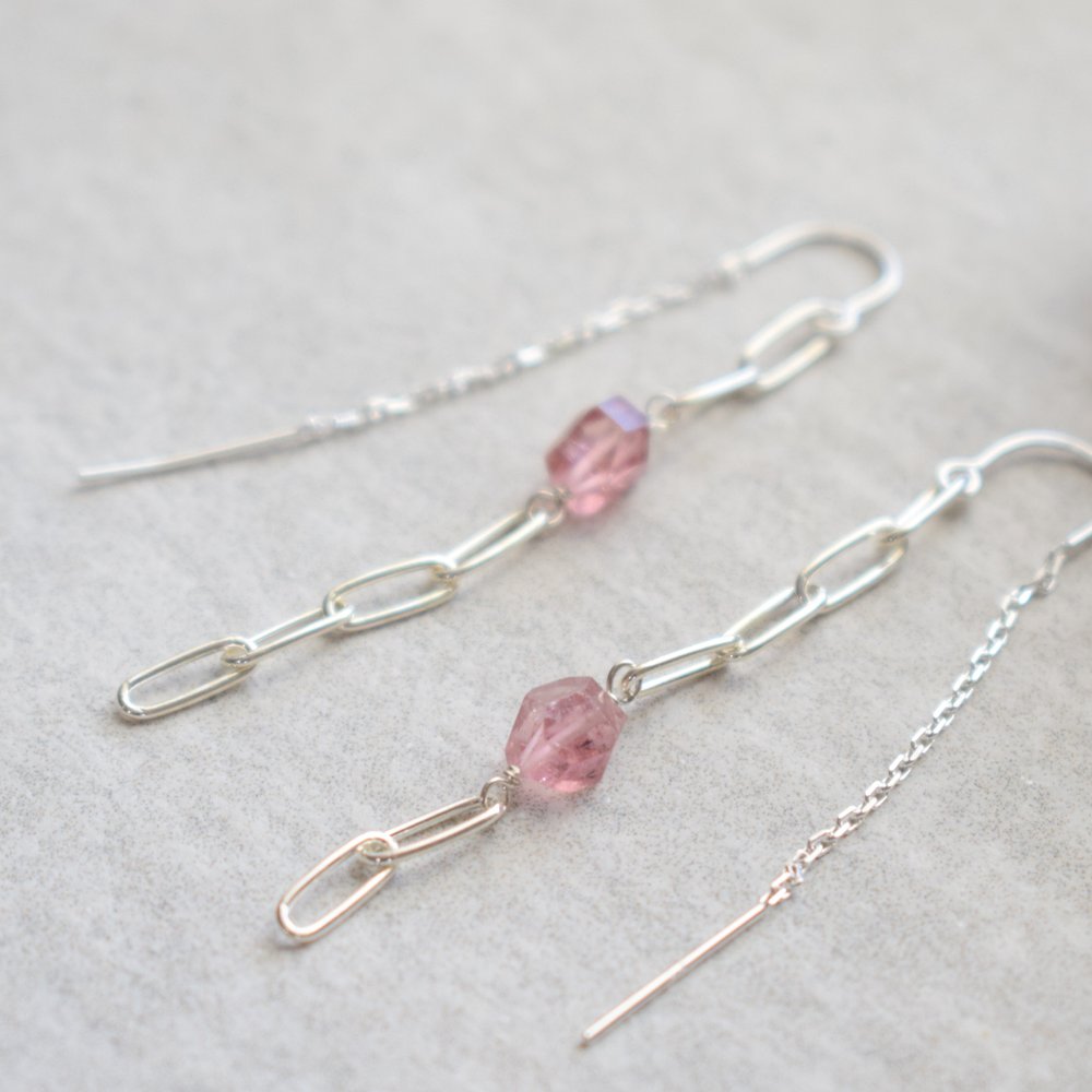 Sterling Silver Wire Threader Earrings with Pink Tourmaline Stones,  Triangular Drop Earrings with Pink Gemstones