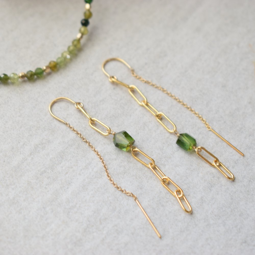 LIMITED EDITION Paperclip Gemstone Threader Earrings / Green Tourmaline /  Gold-filled — INDRIYA jewelry