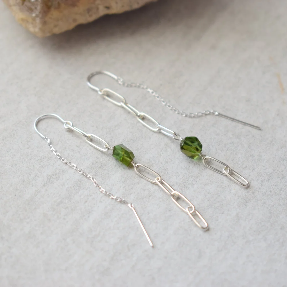 LIMITED EDITION Paperclip Gemstone Threader Earrings Green