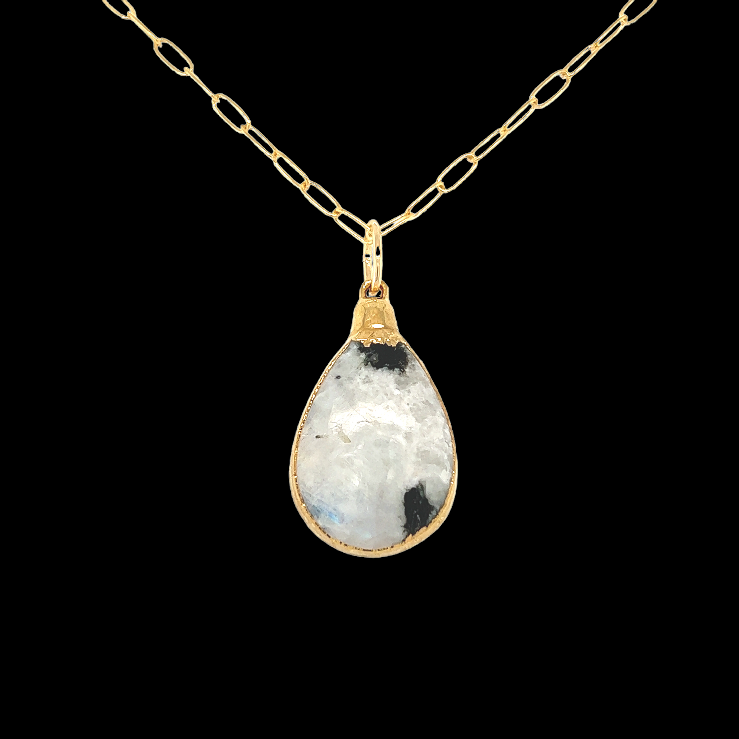 Moonstone with Black Tourmaline Pendant Gold-filled Paperclip Chain — Indriya Jewelry