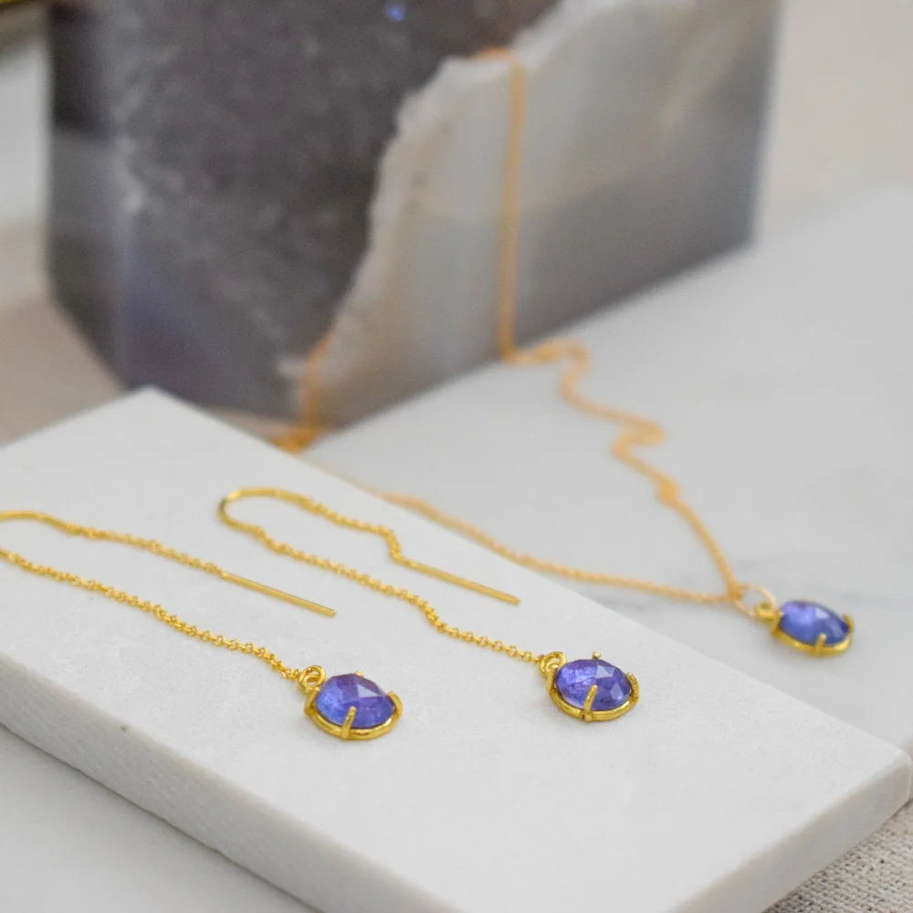Tanzanite Threader Earrings Gold Limited Edition — INDRIYA jewelry