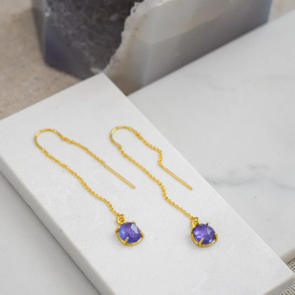 Tanzanite Threader Earrings Gold Limited Edition — INDRIYA jewelry