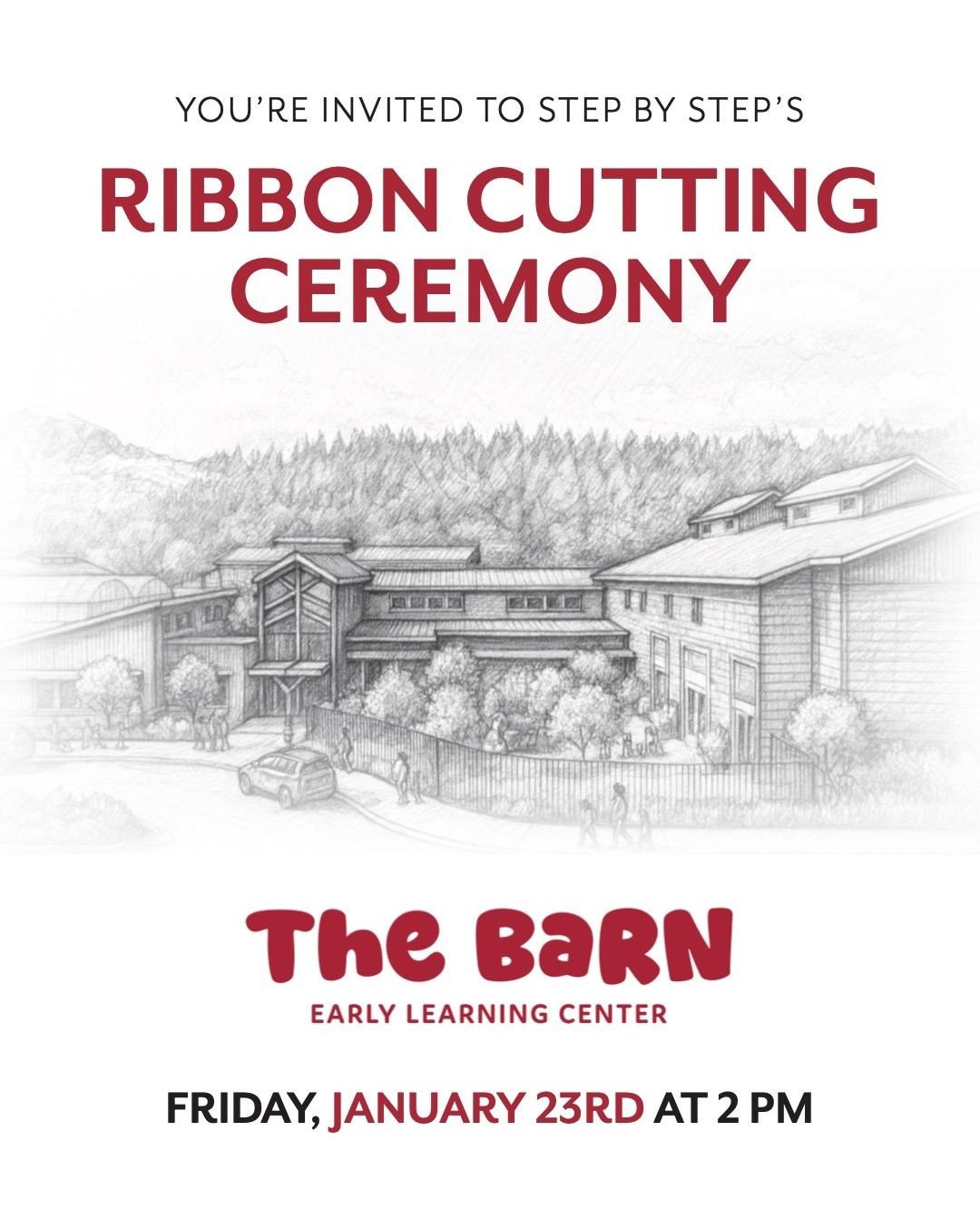 We&rsquo;re cutting the ribbon and opening the doors (soon!) ✂️ Join us as we celebrate the official opening of The Barn Early Learning Center!⁠
⁠
📅 Friday, January 23⁠
⏰ 2 PM⁠
📍3303 8th Ave SE, Building E, Puyallup, WA 98372⁠
⁠
We&rsquo;d love to 