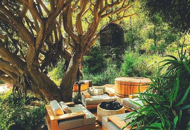 Outdoor garden seating area with wooden furniture, large tree with thick branches, lush green plants, and a black hanging lantern.