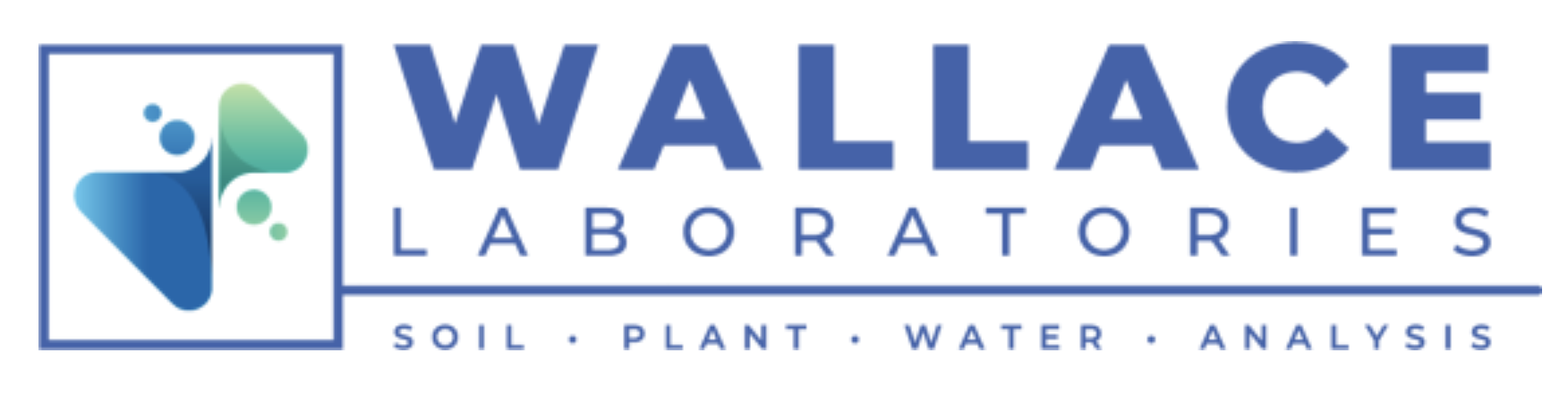 Logo for Wallace Laboratories featuring a stylized test tube with bubbles and dots, with the company name and the words 'Soil', 'Plant', 'Water', 'Analysis' below.