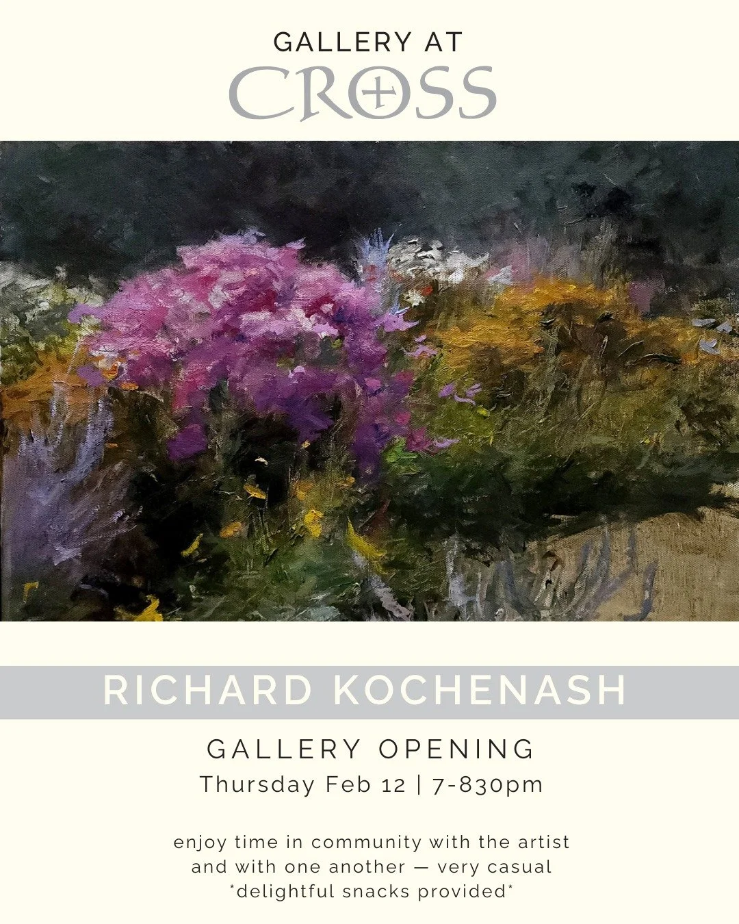 Looking for a creative outing in the midst of winter? 🌸 Join us next week at a free art gallery opening for local artist Richard Kochenash. 

Event Details:
- Thurs. Feb 12, 7 to 8:30pm
- Church of the Cross (201 9th Avenue North, Hopkins)
- Delight