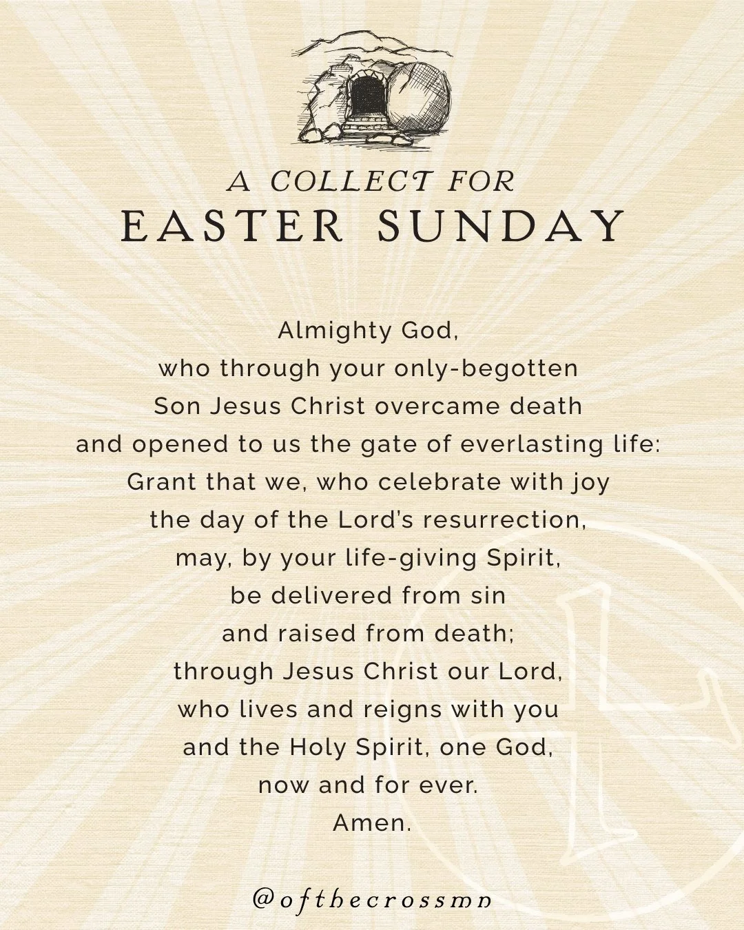A Collect for Easter Sunday ☀️

"Almighty God, who through your only-begotten Son Jesus Christ overcame death and opened to us the gate of everlasting life: Grant that we, who celebrate with joy the day of the Lord&rsquo;s resurrection, may, by 