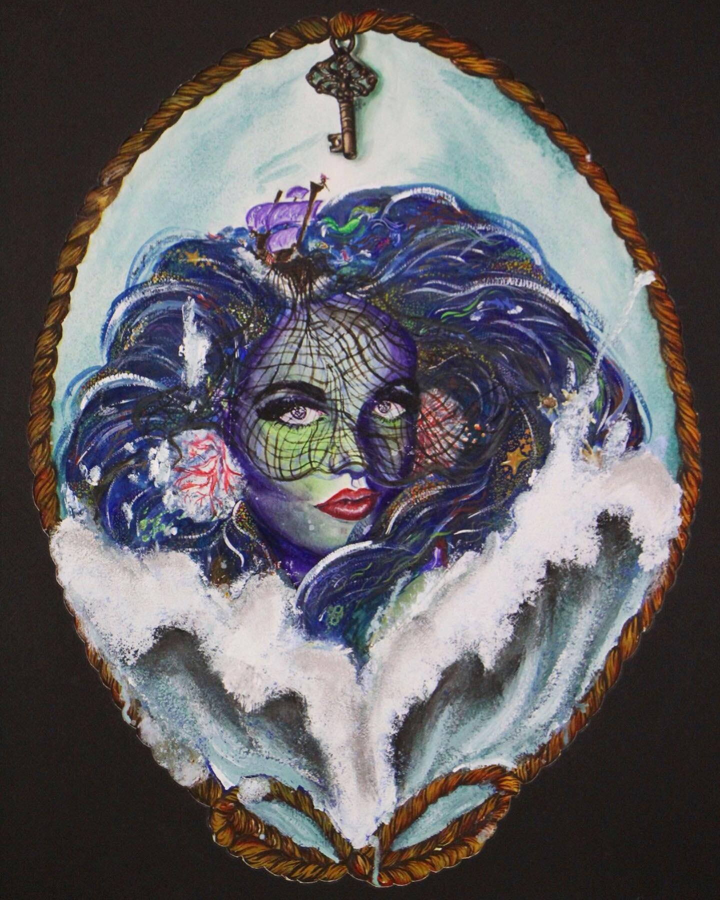 Thought I&rsquo;d do a throwback to one of my favorite pieces from high school! Made in 2016, she&rsquo;s roughly three feet tall and features a series of small scenes within the folds of the hair. It was painted with watercolor, acrylic, salt and sh