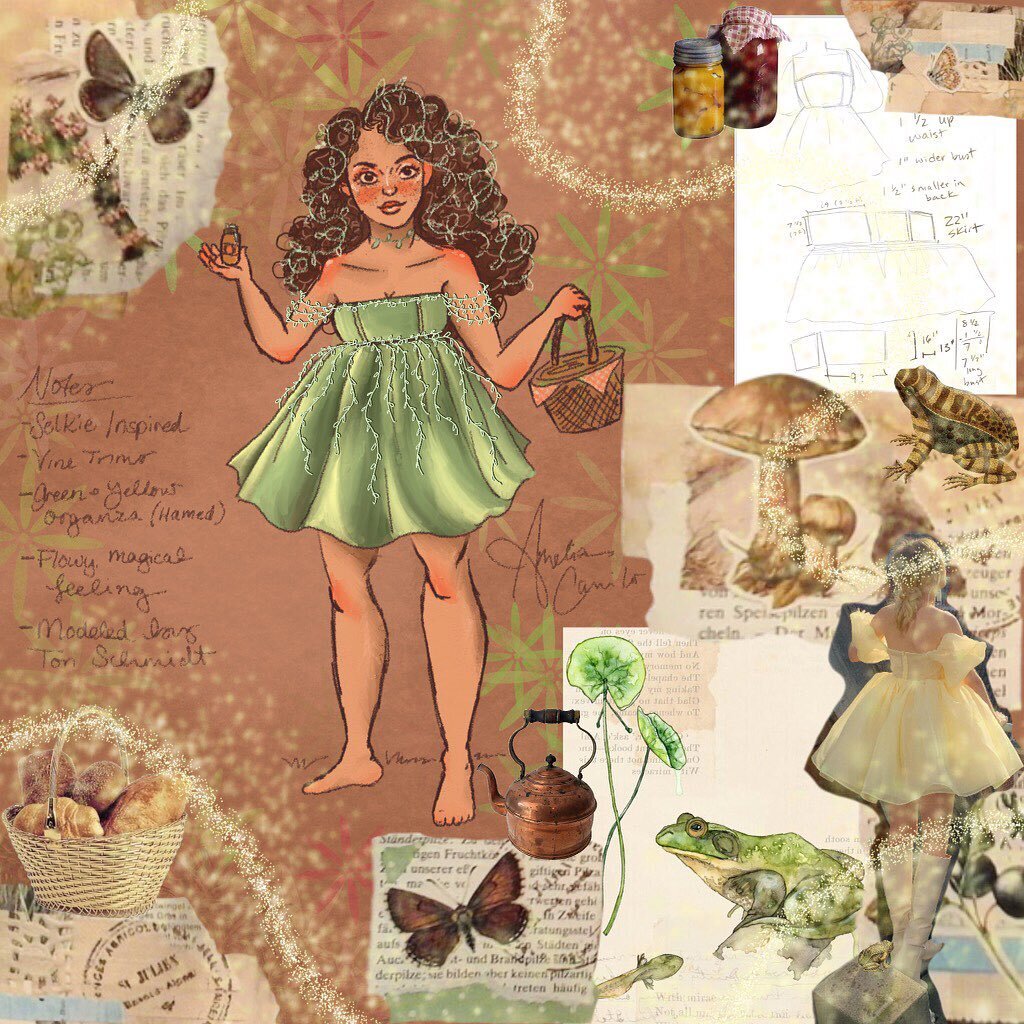 A sketch of a dress I recently made for @torio_schmidt ✨ The vibes were natural, magical and flowy with inspiration from @selkie , lily pads, and wildlife. Swipe to see the sketching process 🐸🍄✨