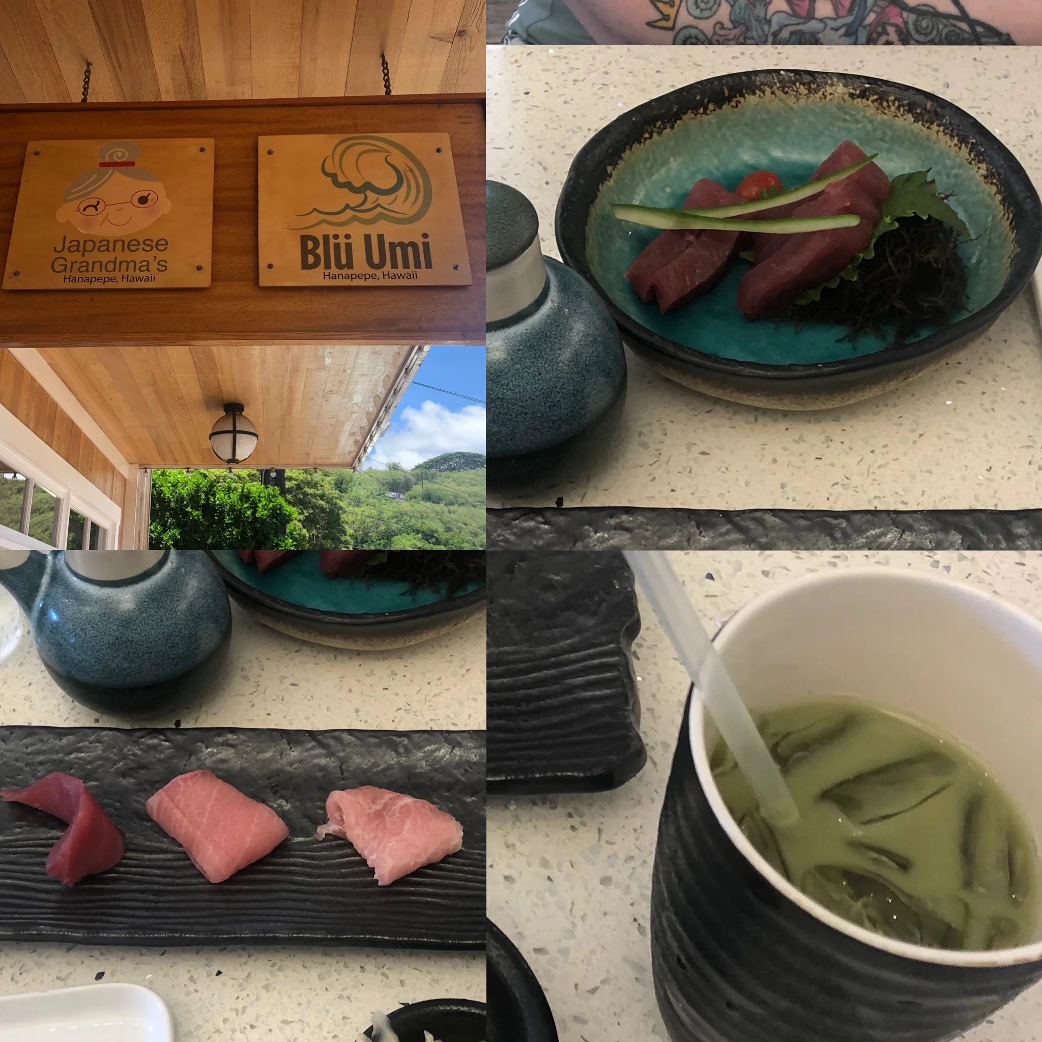 Japanese Grandma’s - enjoying their iced matcha latte, blue fin otoro sashimi, and soba noodles with a side of veggie tempura