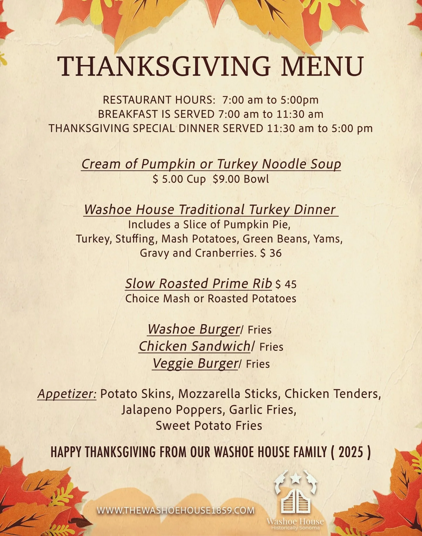 🦃 This Thanksgiving dine with us! We&rsquo;ve serving a warm, delicious holiday meal that feels just like home. Come enjoy comfort classics, seasonal flavors, and a cozy atmosphere. 

#washoehouse #petalumaca #petalumacalifornia