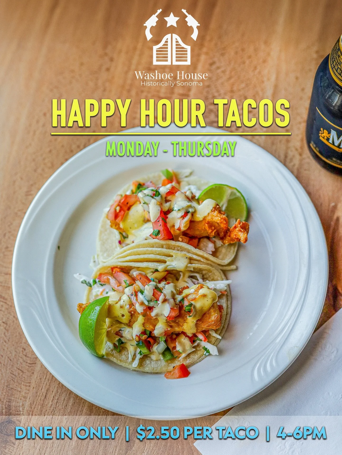 It&rsquo;s Taco Time at the Washoe House!! 🌮 

From Monday through Thursday, enjoy our Happy Hour Tacos at $2.50 each!! 😍 Dine in only 4-6pm 🎉 

#petalumaca #petalumacalifornia #visitpetaluma