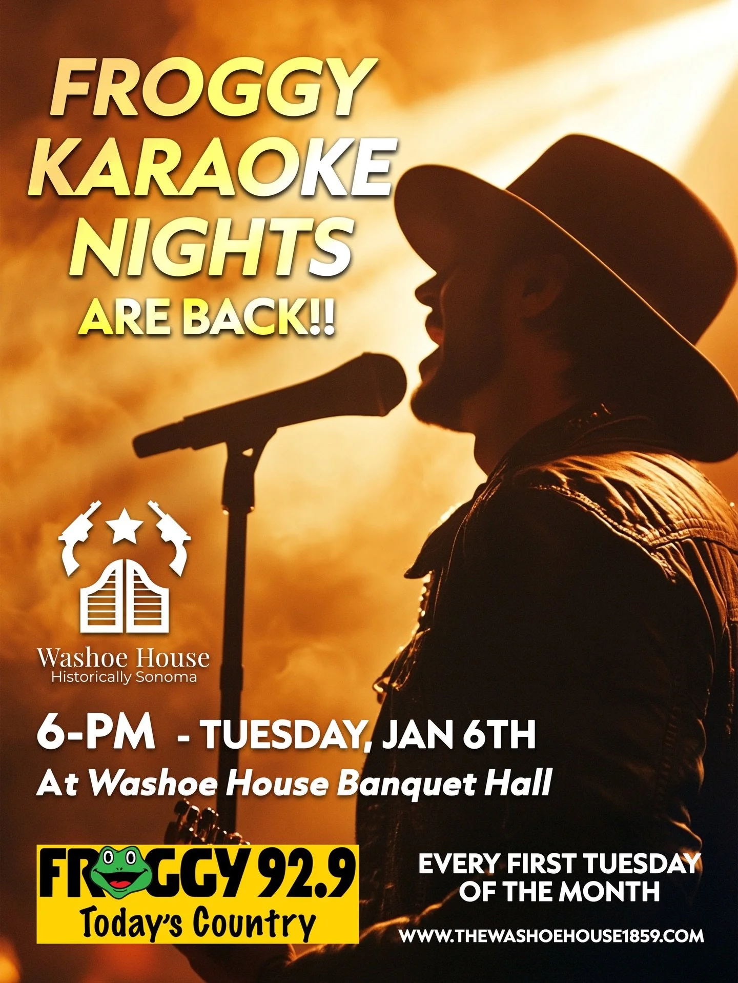 🙌🏽 TONIGHT, Froggy Karaoke Nights are back!!! Welcome to the new year! Our tirst event of the month starts with @froggy929 hosting their first monthly karaoke night at the 2nd floor of the Washoe House, the Banquet Hall! See you tonight for a great