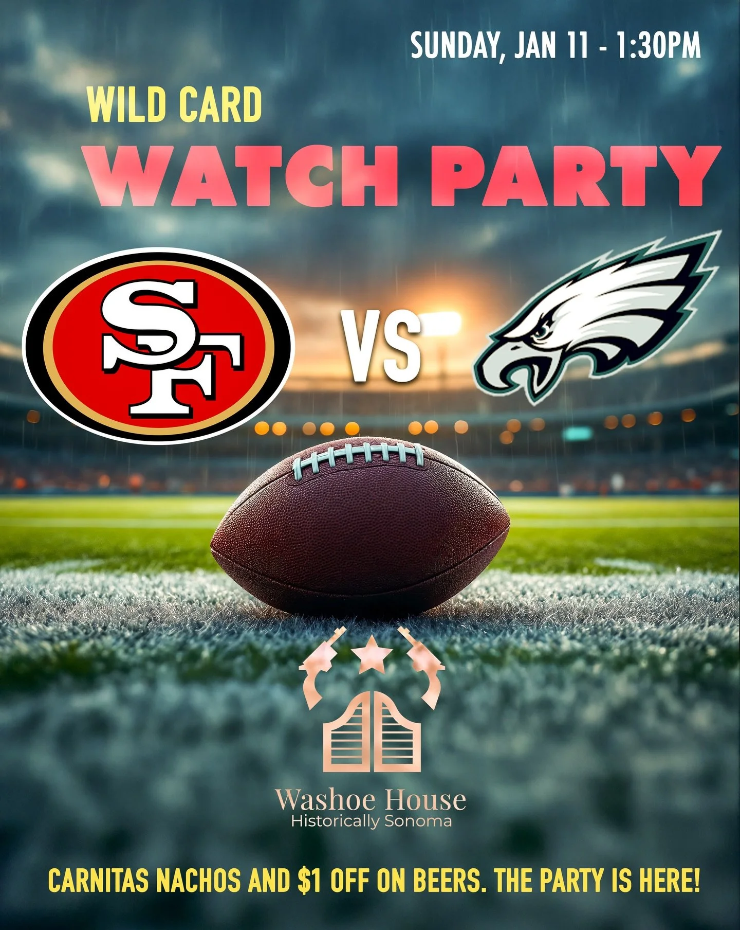 This Sunday, Jan 11th is for football!! Join us for the Watch Party - 49ers VS Eagles at 1:30pm! We have carnitas nachos and $1 OFF on beers!! 🍻  Meet you at the Washoe House! 

#washoehouse #petaluma #visitpetaluma