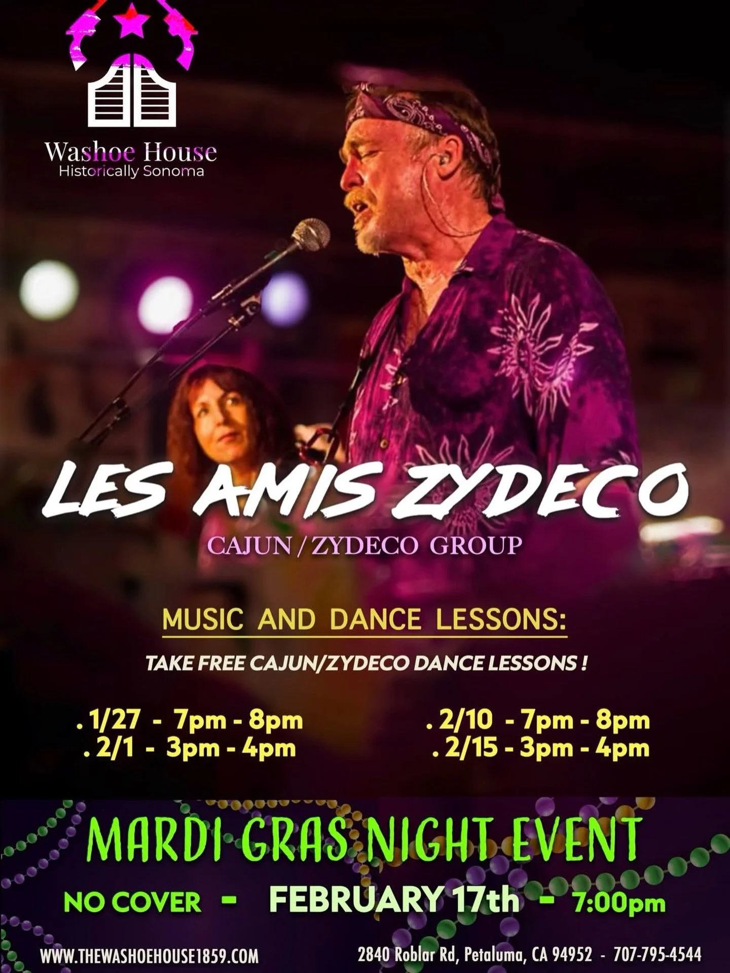 🎭 TOMORROW NIGHT! 🎭 Celebrate with us a Mardi Gras event with Les Amis Zydeco, Cajun/Zydeco group! The vibes are set to begin at 7:00pm! No cover! 🙌🏽 

#mardigras #washoehouse #petaluma #petalumaca