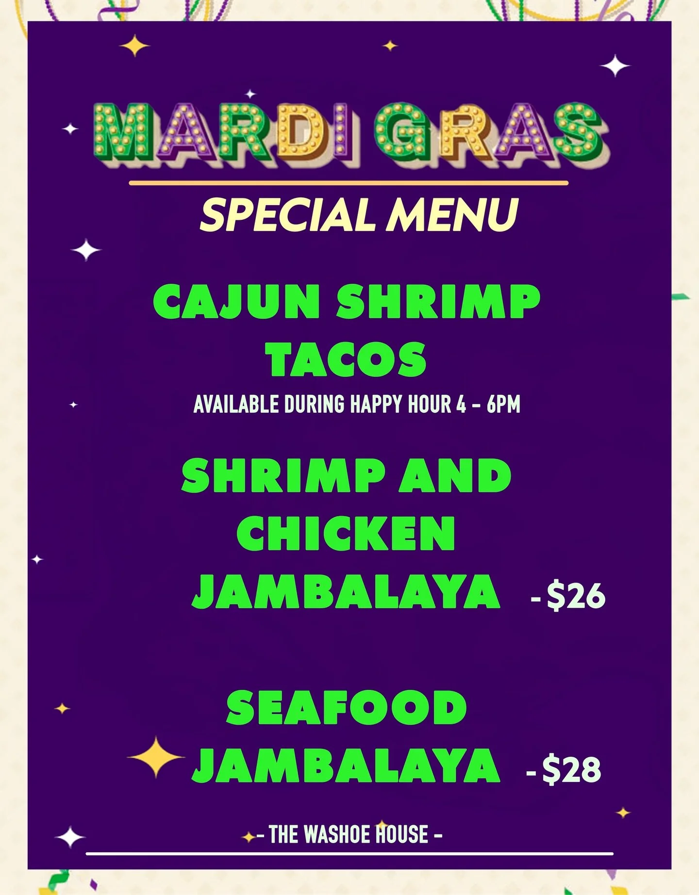 🎭 Mardi Gras is here to be celebrated!! Tonight, join us for a festive event with Les Amis Zydeco and enjoy these delicious options from the special menu! Party starts at 7:00pm! No cover 🙌🏽 

#washoehouse #petalumaca #petalumaca #visitpetaluma