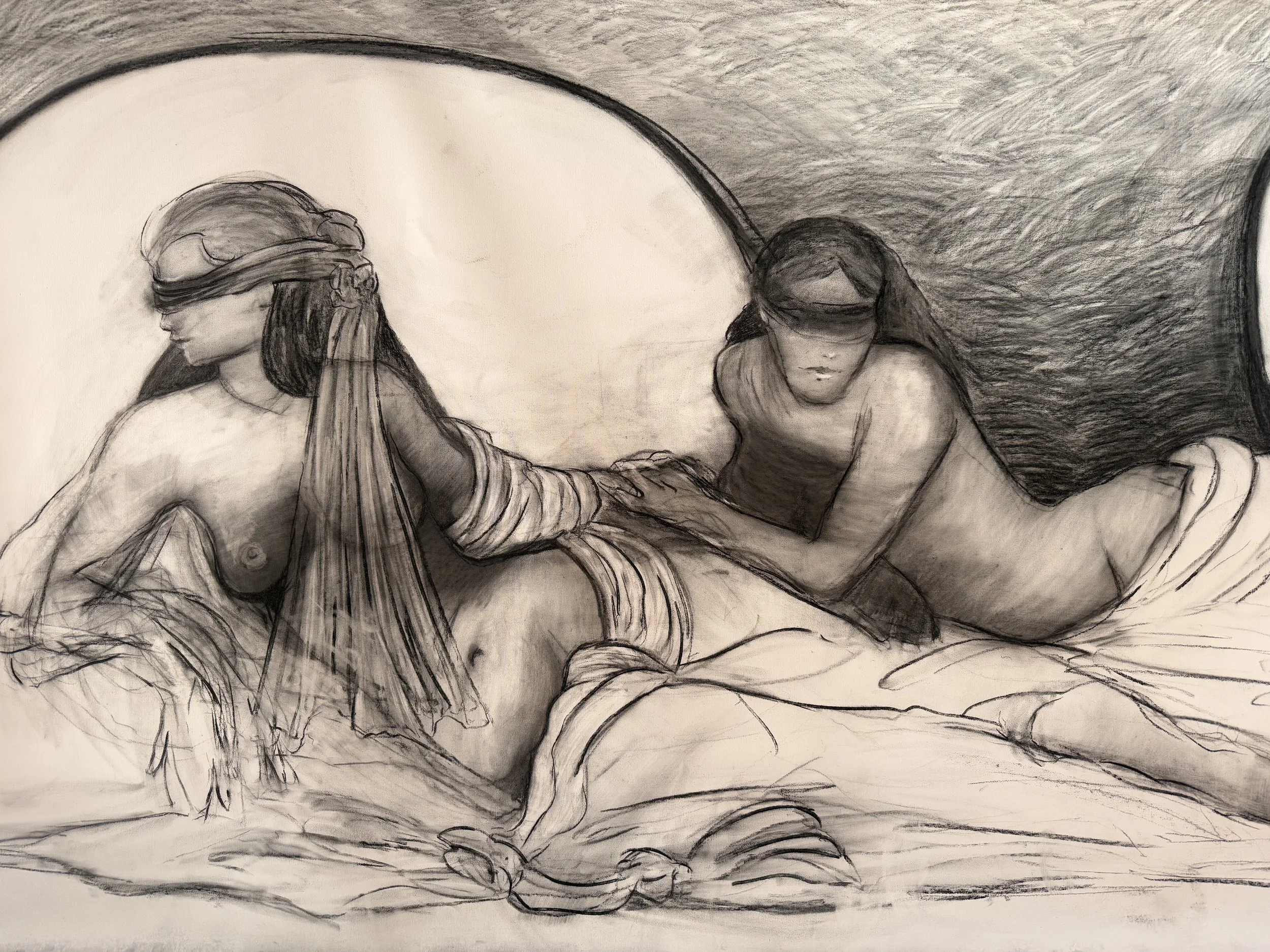 Saturn Return, 53"X106", charcoal on gessoed paper, 2025